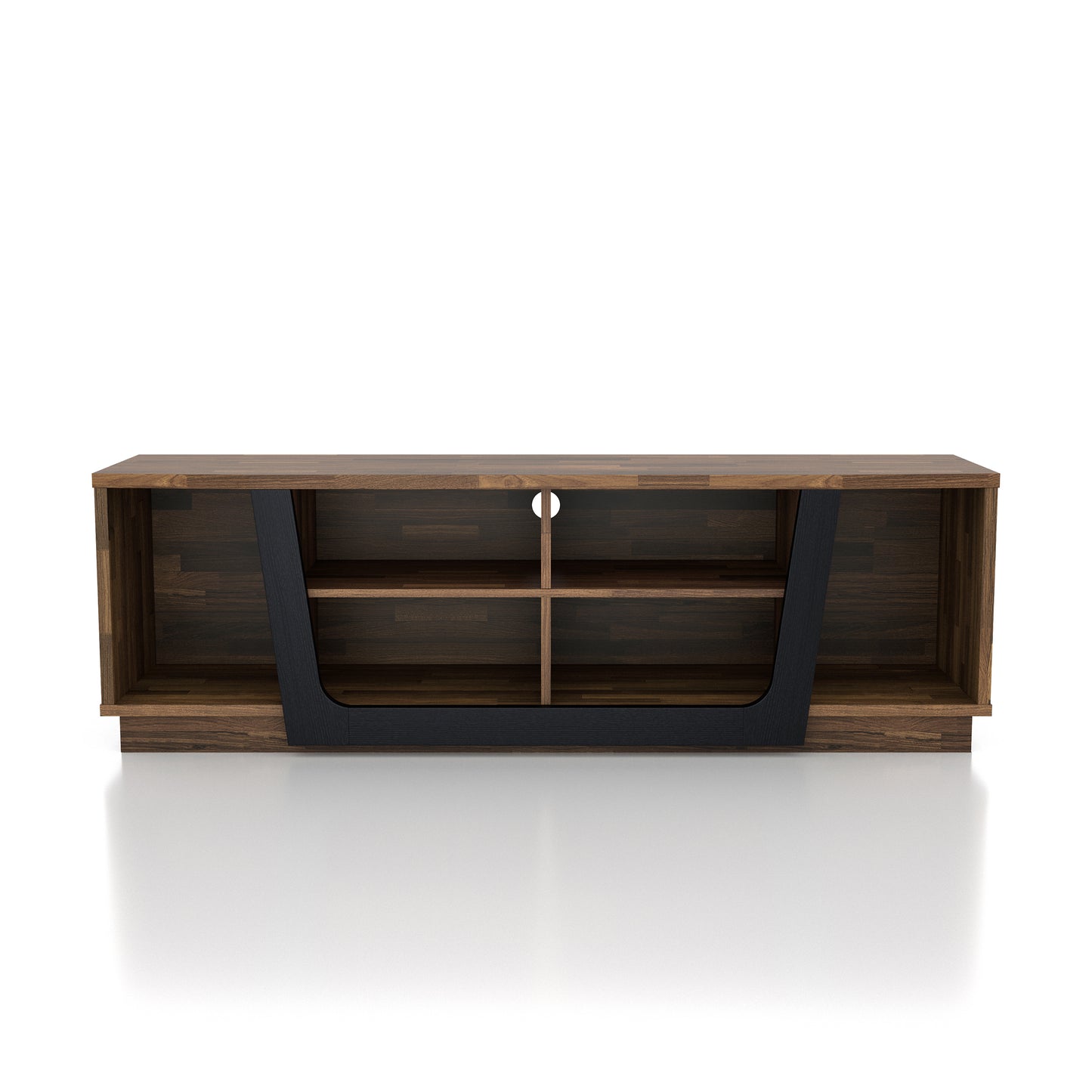 Front-facing contemporary light hickory and black six-shelf TV stand on a white background