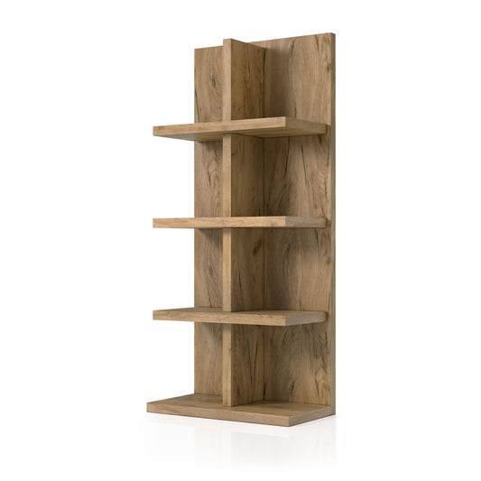 Left angled contemporary light oak eight-shelf bookcase on a white background