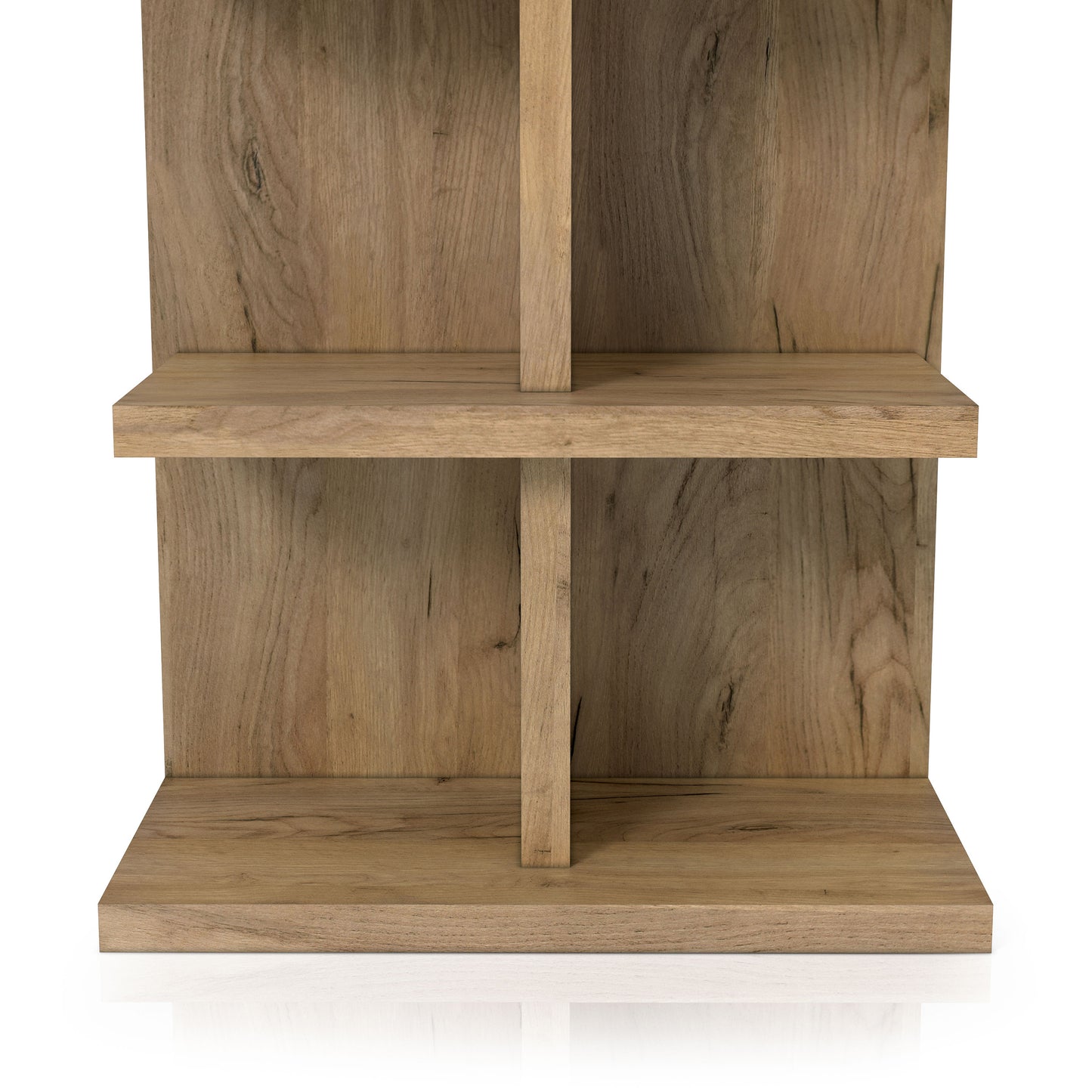 Front-facing lower close-up view of a contemporary light oak eight-shelf bookcase on a white background