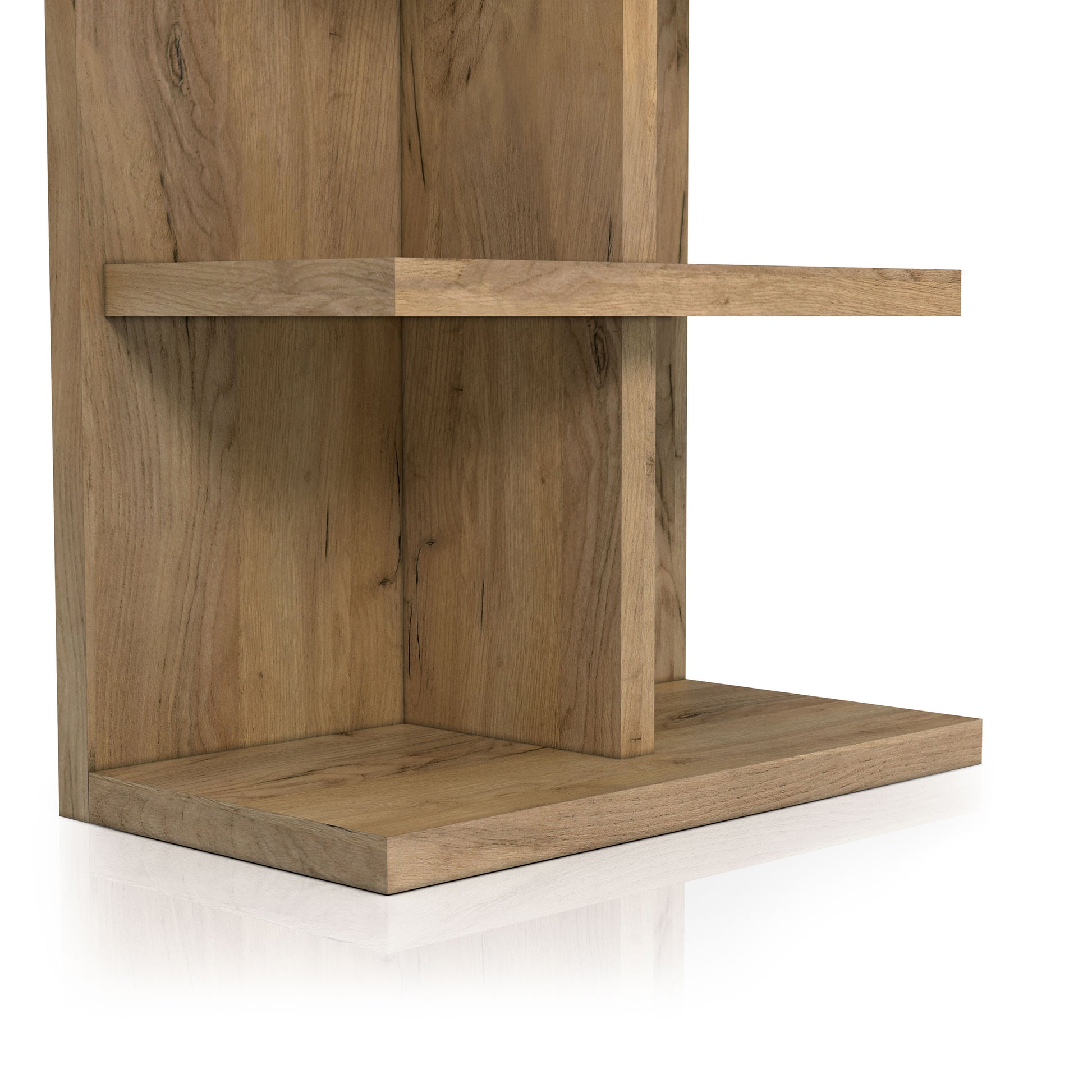 Right angled lower close-up view of a contemporary light oak eight-shelf bookcase on a white background