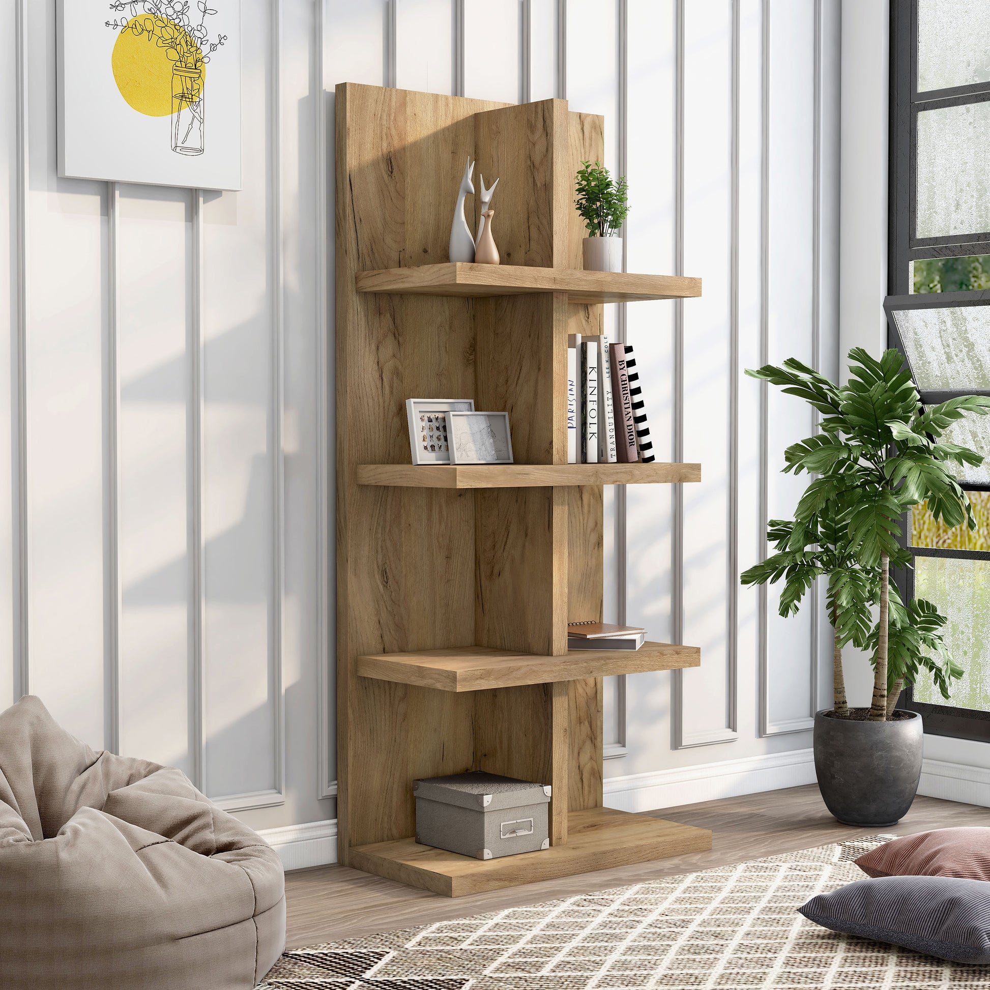 Right angled contemporary light oak eight-shelf bookcase in a living area with accessories