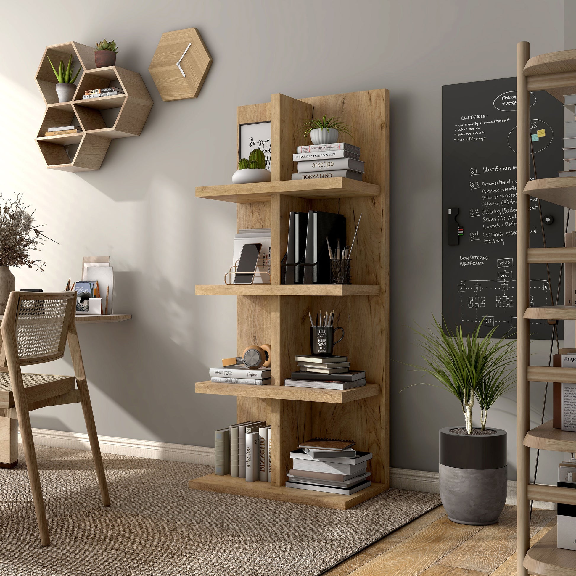 Left angled contemporary light oak eight-shelf bookcase in a home office with accessories