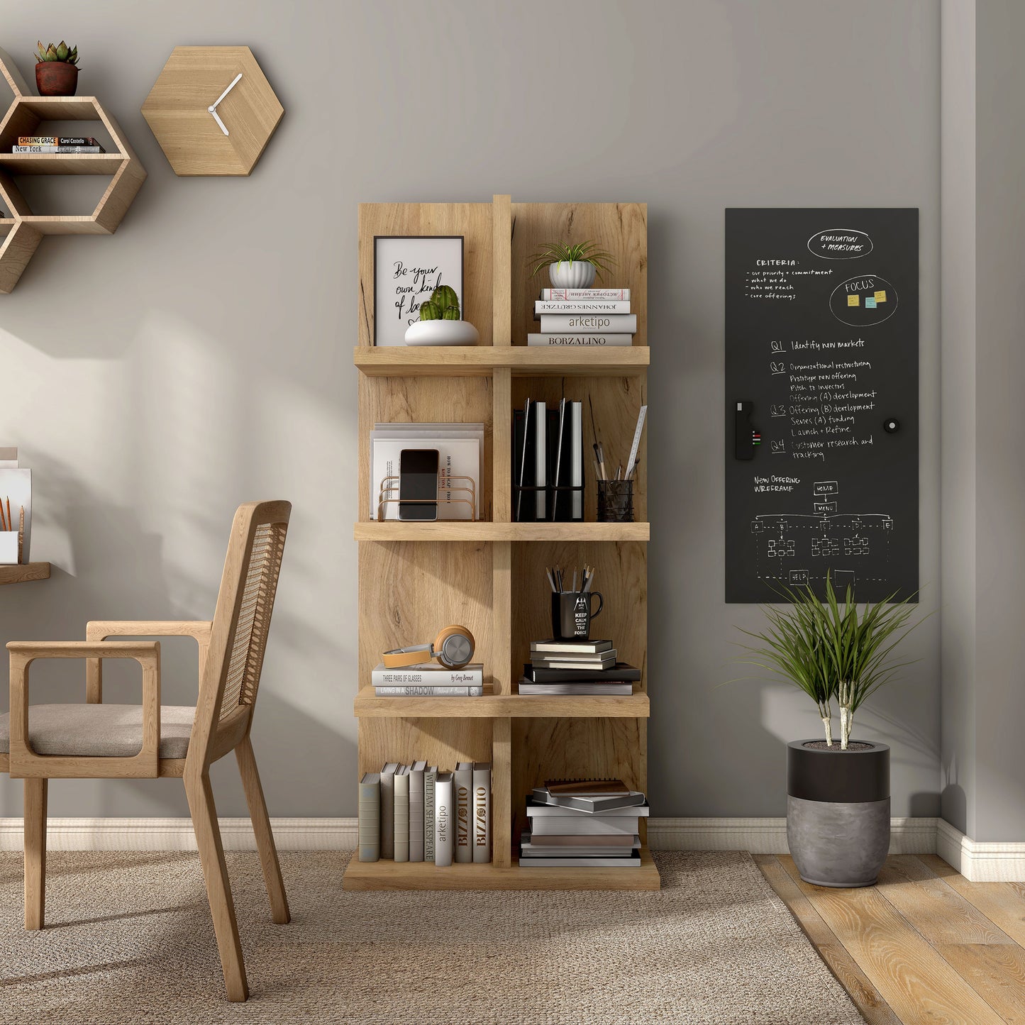 Front-facing contemporary light oak eight-shelf bookcase in a home office with accessories