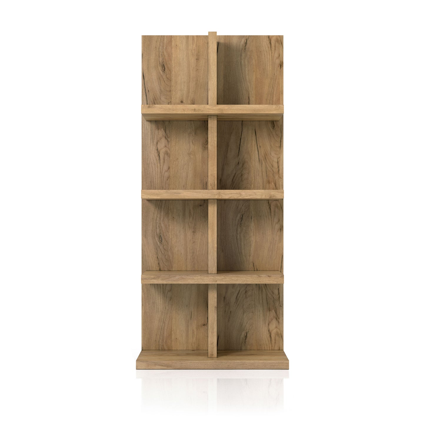 Front-facing contemporary light oak eight-shelf bookcase on a white background