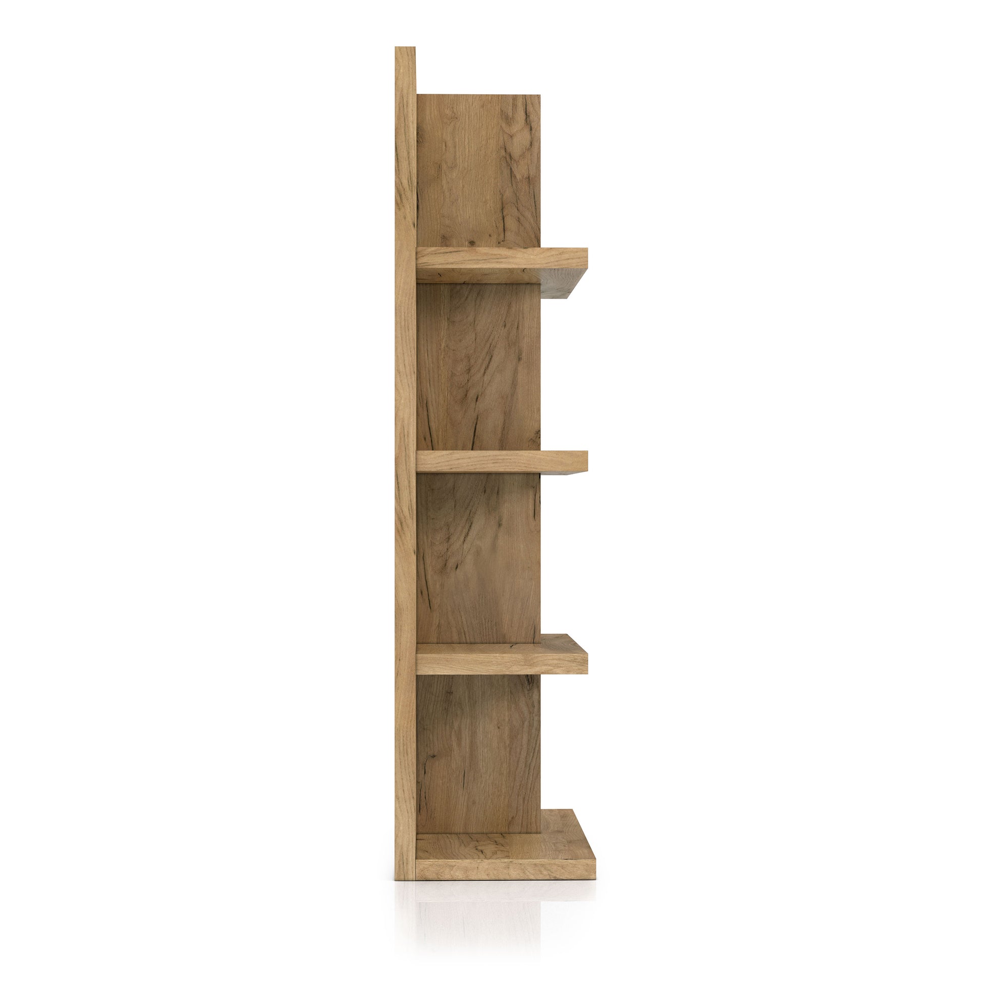 Front-facing side view of a contemporary light oak eight-shelf bookcase on a white background