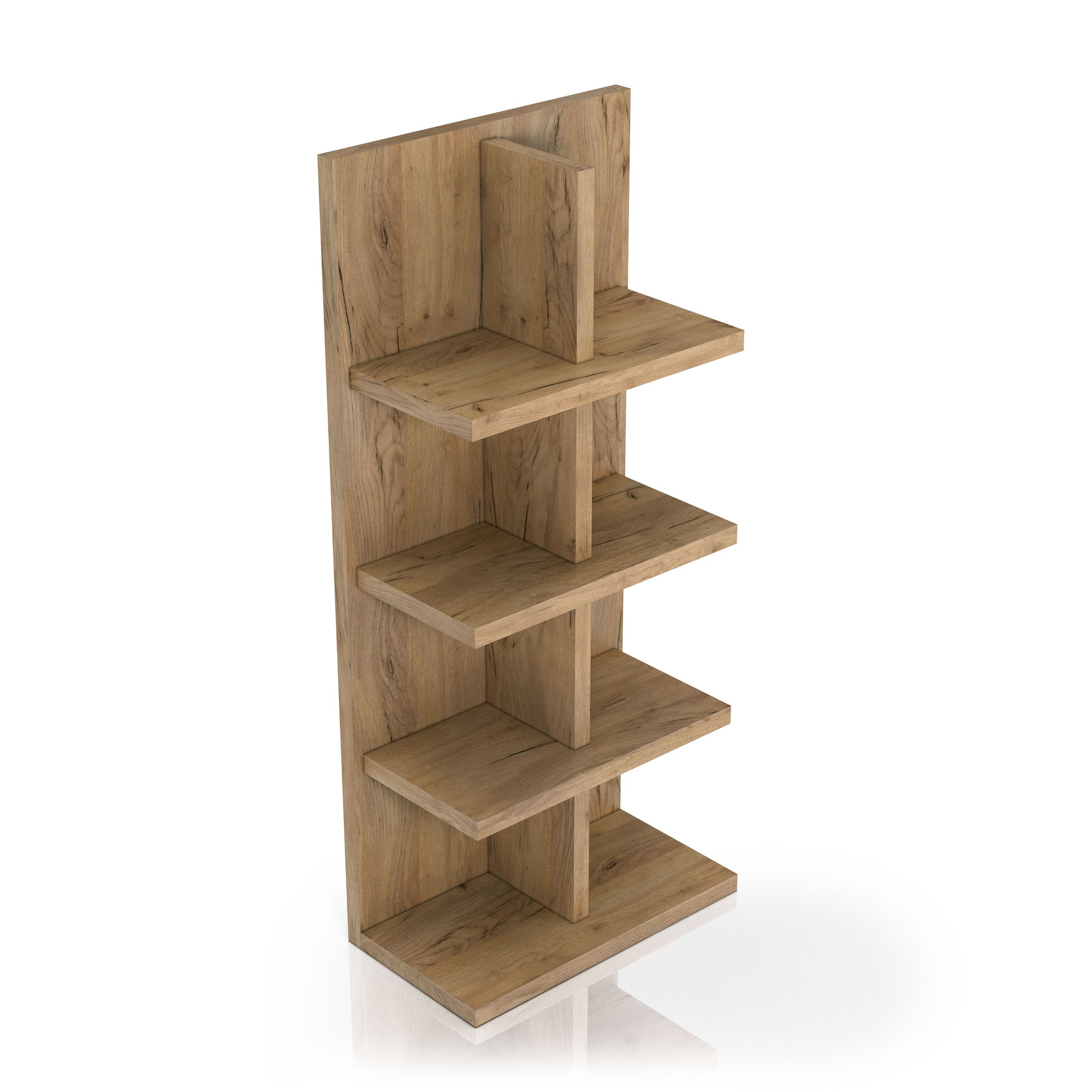 Right angled upper view of a contemporary light oak eight-shelf bookcase on a white background