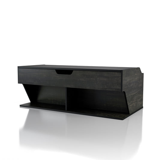 Left angled transitional reclaimed black oak lift-top coffee table with storage on a white background