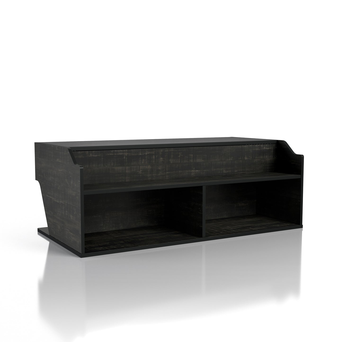 Right angled transitional reclaimed black oak lift-top coffee table with storage on a white background