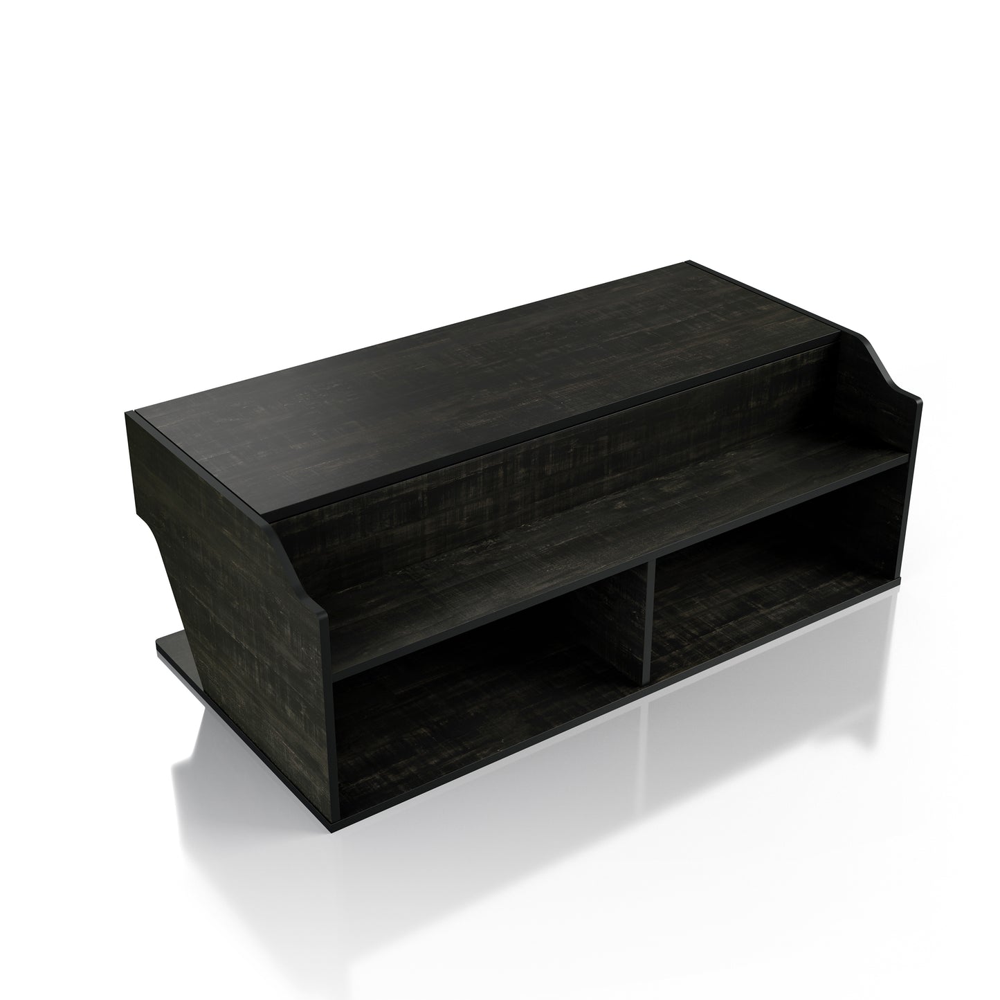 Right angled upper view of a transitional reclaimed black oak lift-top coffee table with storage on a white background