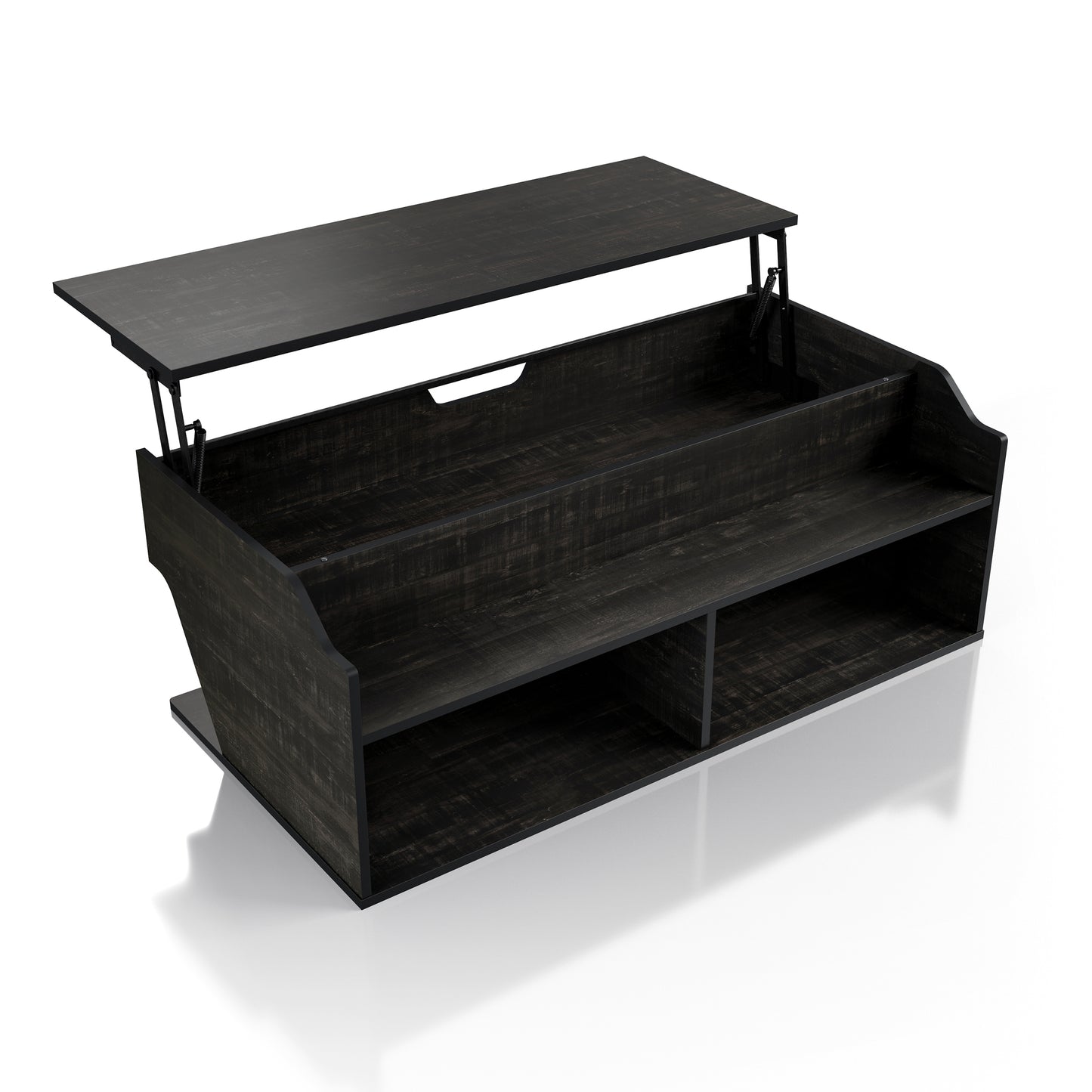 Right angled upper view of a transitional reclaimed black oak lift-top coffee table with storage and top raised on a white background