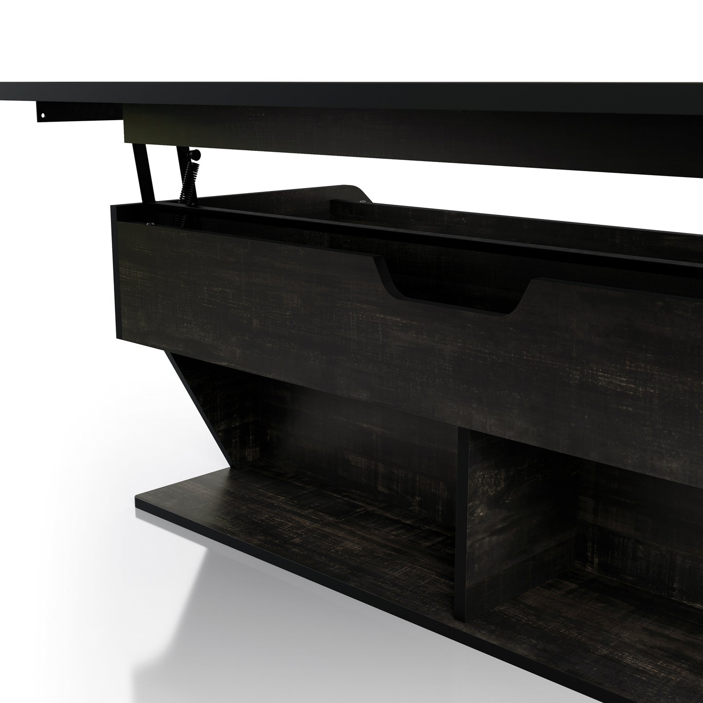 Left angled close-up view of a transitional reclaimed black oak lift-top coffee table with storage and top raised on a white background