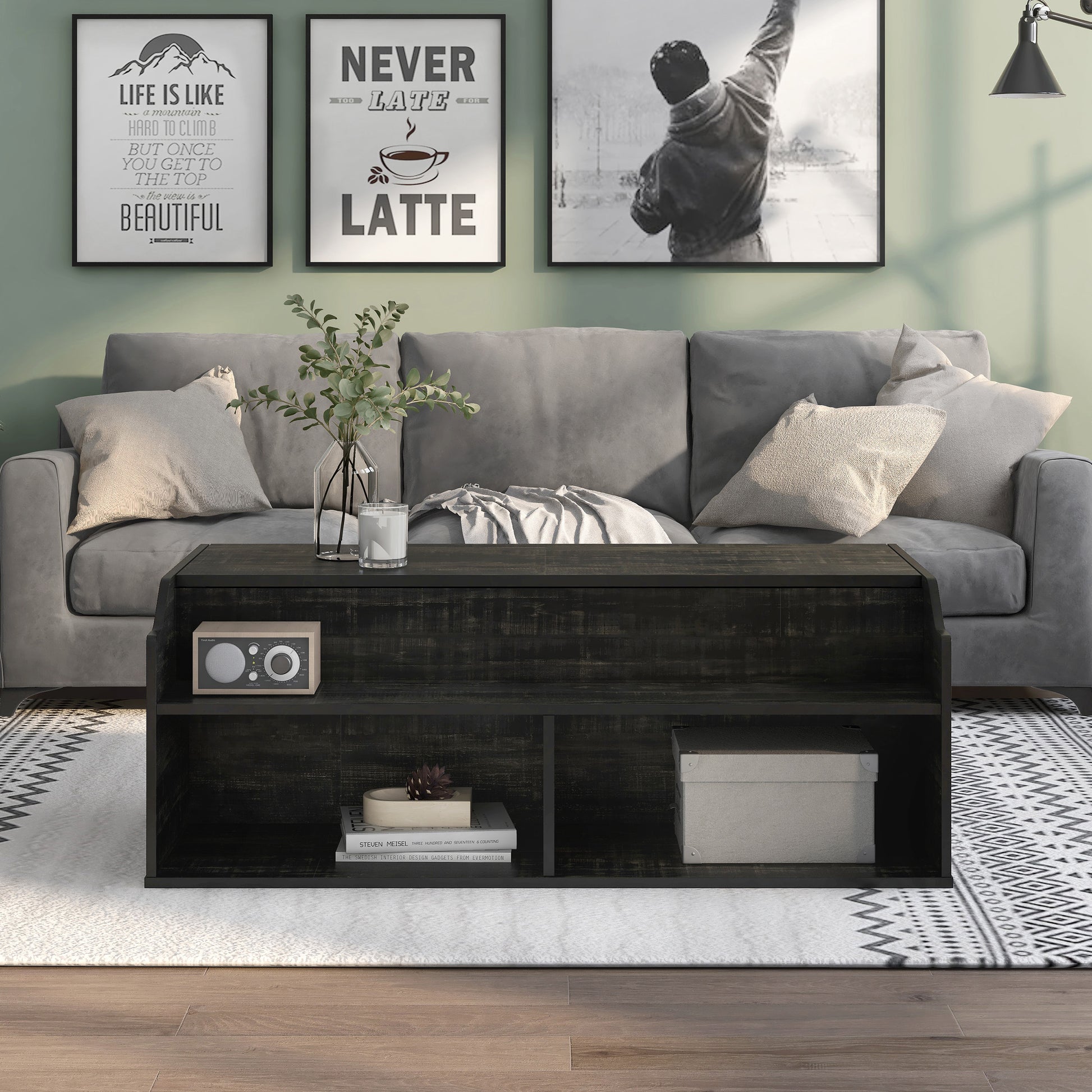 Front-facing transitional reclaimed black oak lift-top coffee table with storage in a living room with accessories