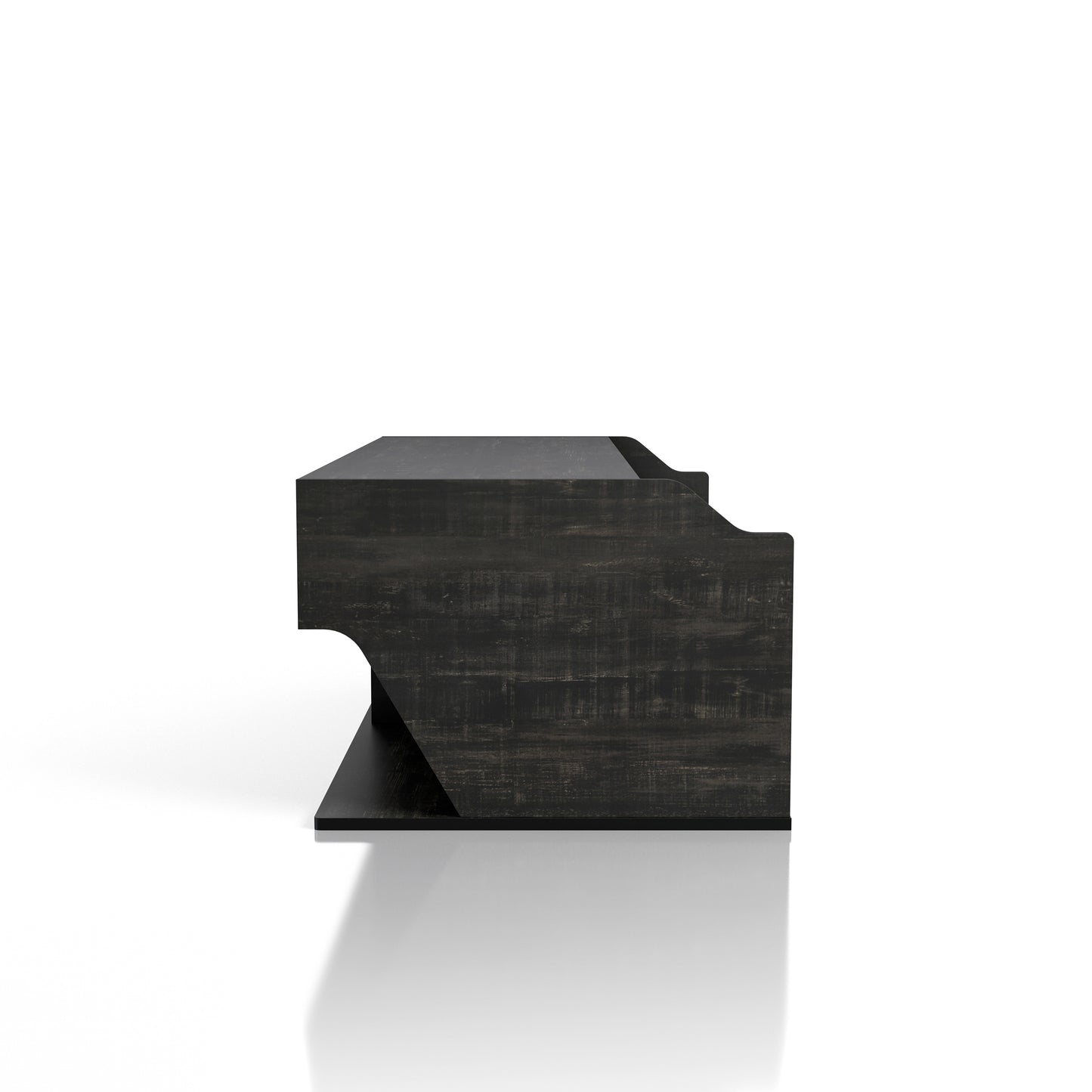 Front-facing side view of a transitional reclaimed black oak lift-top coffee table with storage on a white background