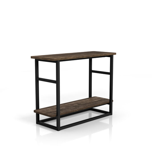 Right angled industrial reclaimed oak one-shelf long side table on a white background
