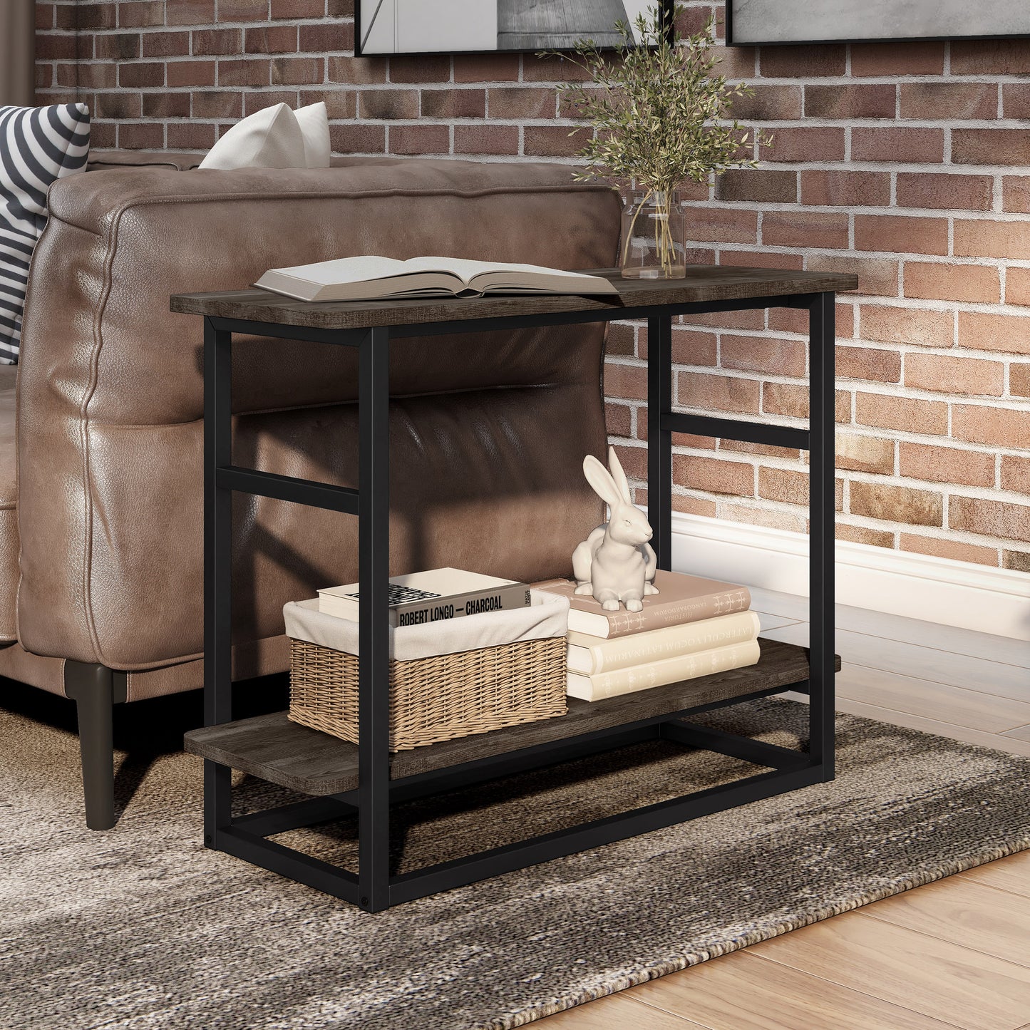 Left angled industrial reclaimed oak one-shelf long side table in a living room with accessories
