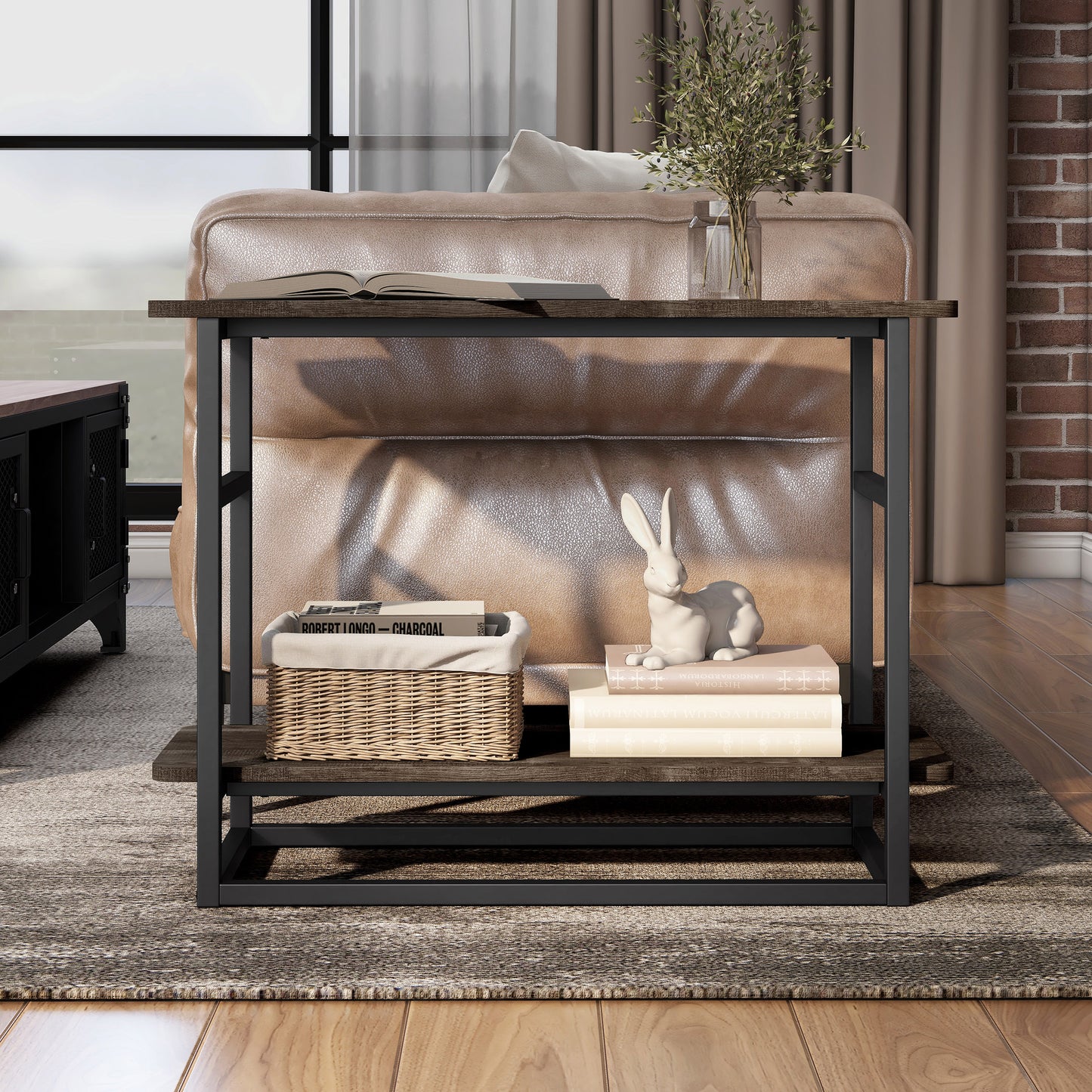 Front-facing side view of a industrial reclaimed oak one-shelf long side table in a living room with accessories
