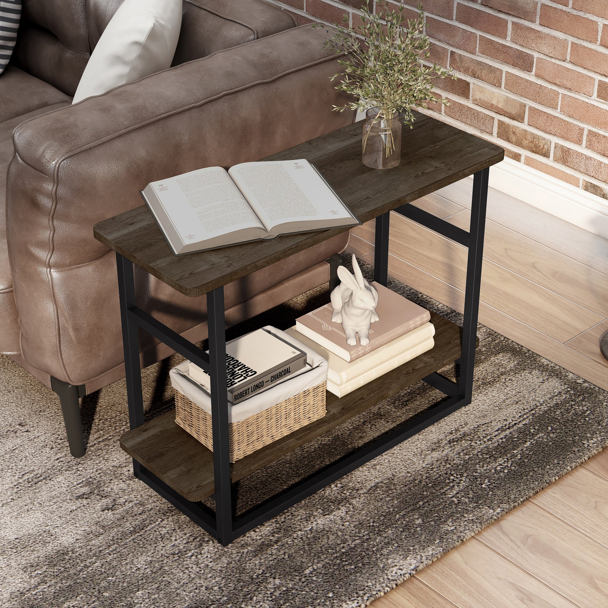 Left angled bird's eye view of an industrial reclaimed oak one-shelf long side table in a living room with accessories