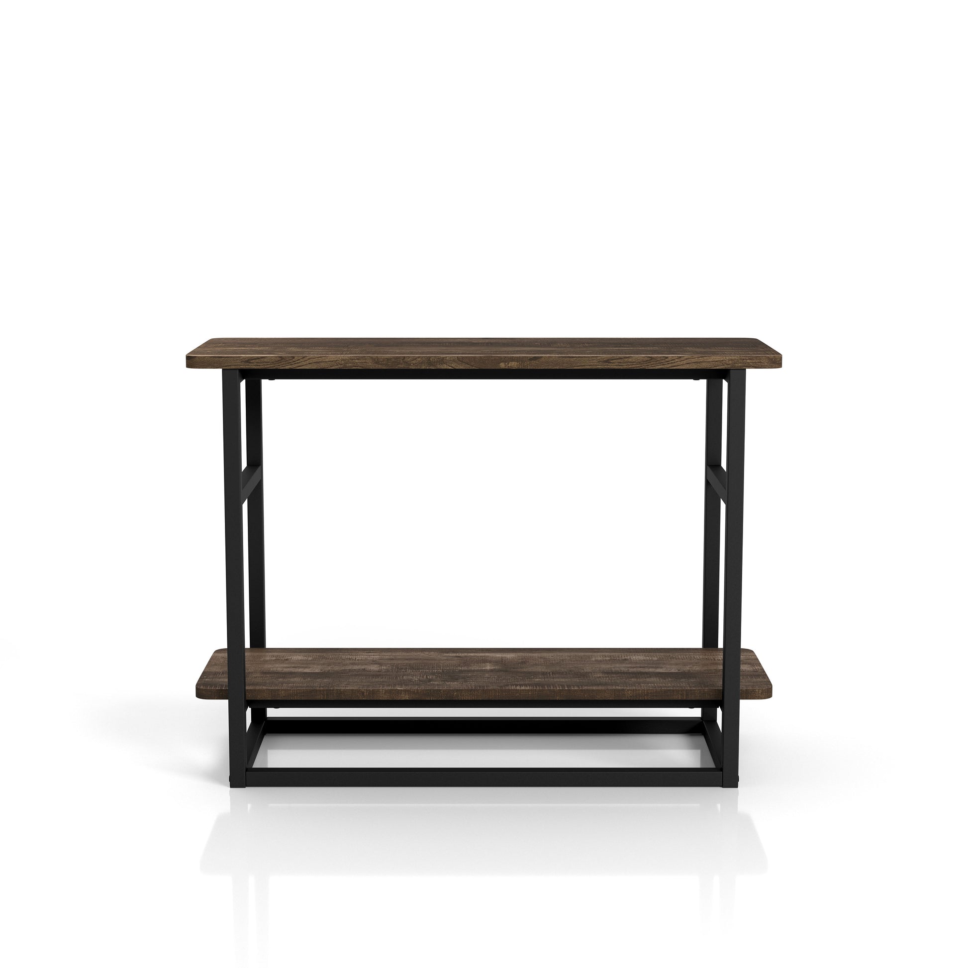 Front-facing side view of a industrial reclaimed oak one-shelf long side table on a white background
