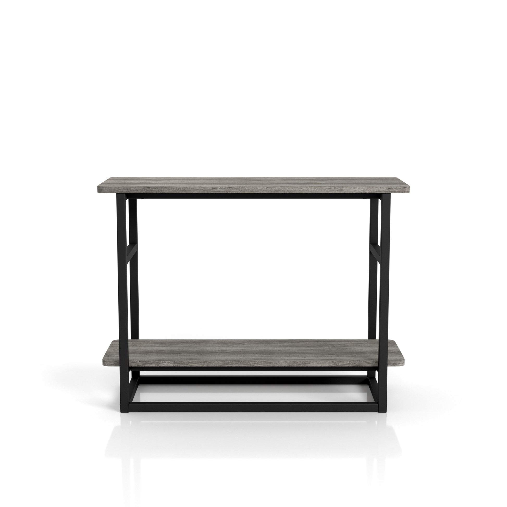 Front-facing side view of a industrial vintage gray oak one-shelf long side table on a white background