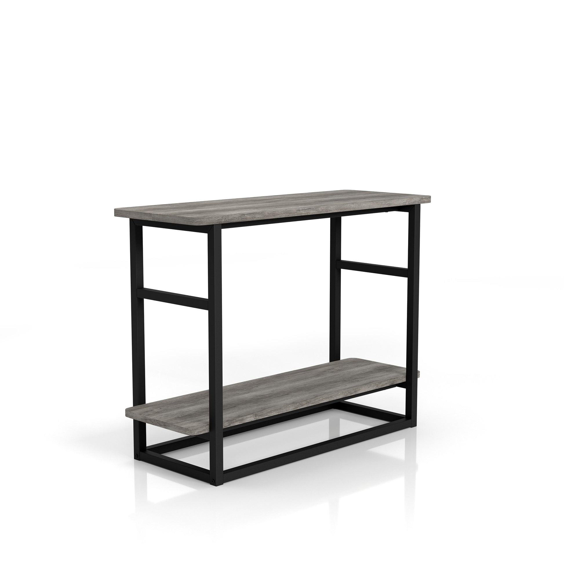 Left angled industrial vintage gray oak one-shelf long side table in a living room with accessories