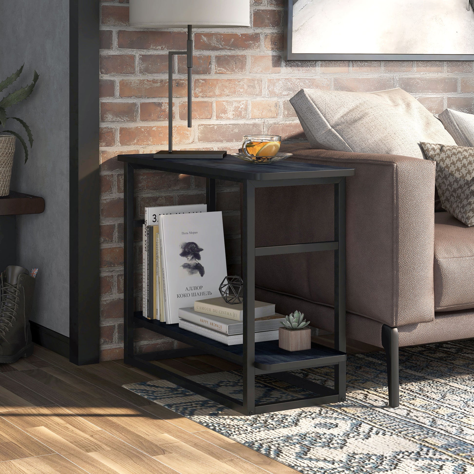 Right angled industrial rustic navy blue one-shelf long side table in a living room with accessories