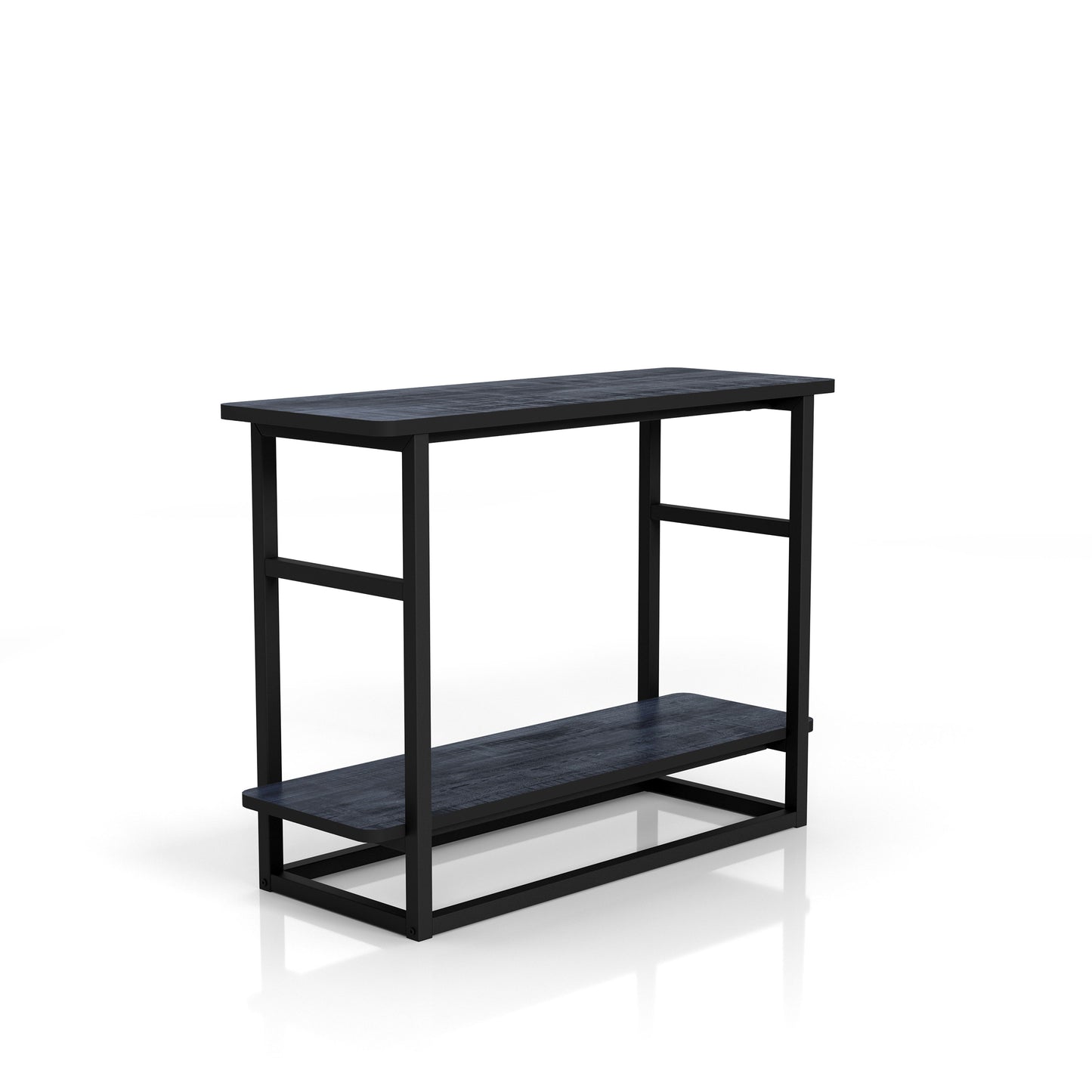 Left angled industrial rustic navy blue one-shelf long side table on a white background