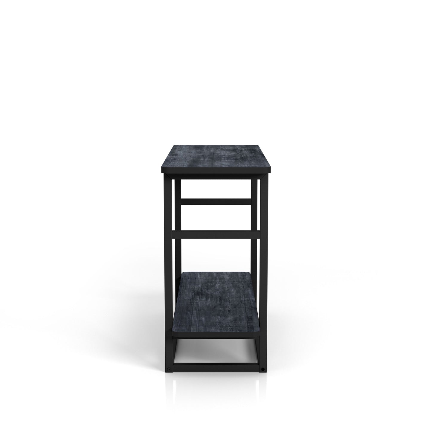 Front-facing industrial rustic navy blue one-shelf long side table on a white background