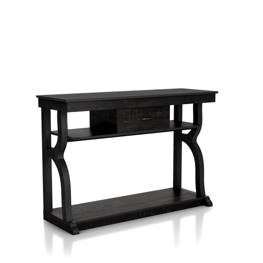 Right angled farmhouse reclaimed black oak three-shelf storage console table with a drawer on a white background