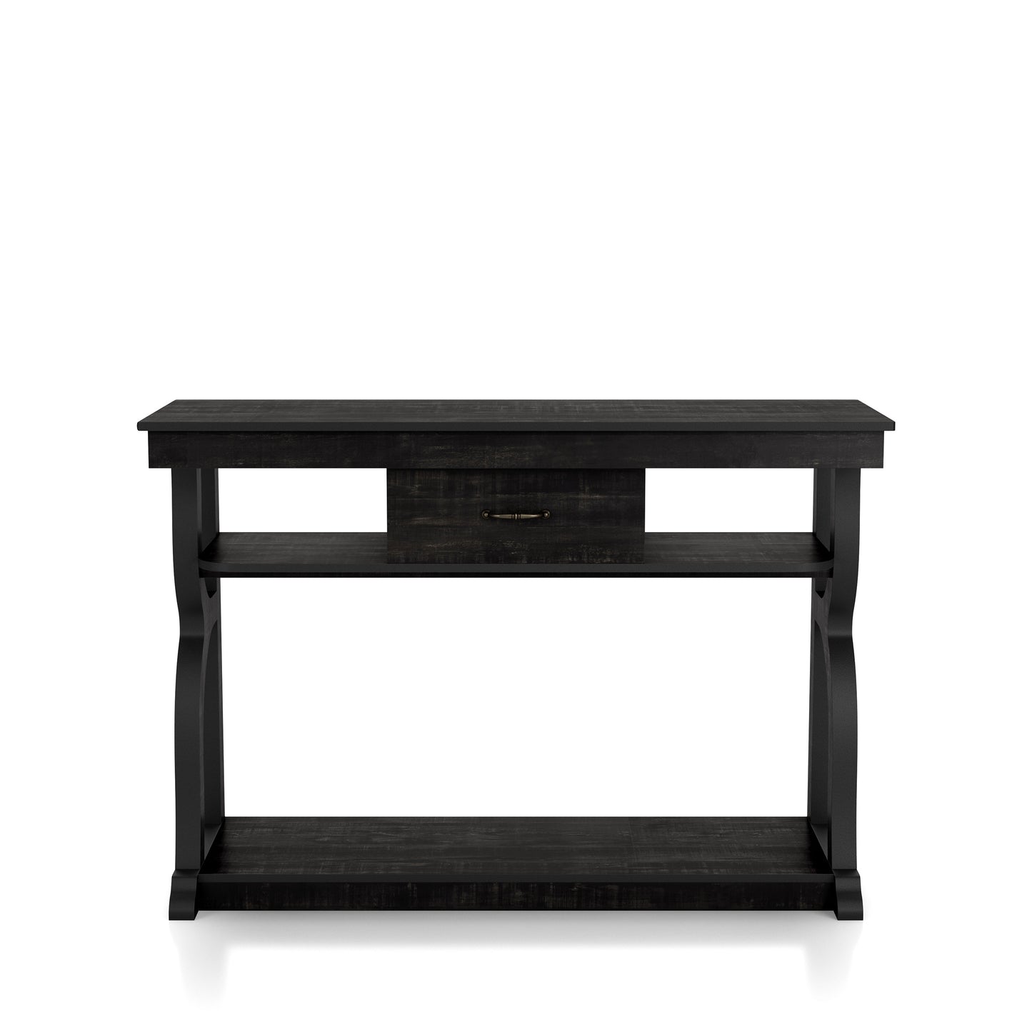 Front-facing farmhouse reclaimed black oak three-shelf storage console table with a drawer on a white background