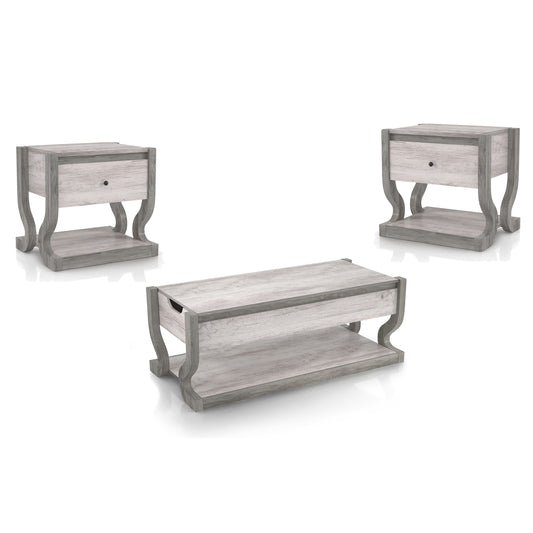Right angled transitional three-piece coastal white coffee table set with storage on a white background