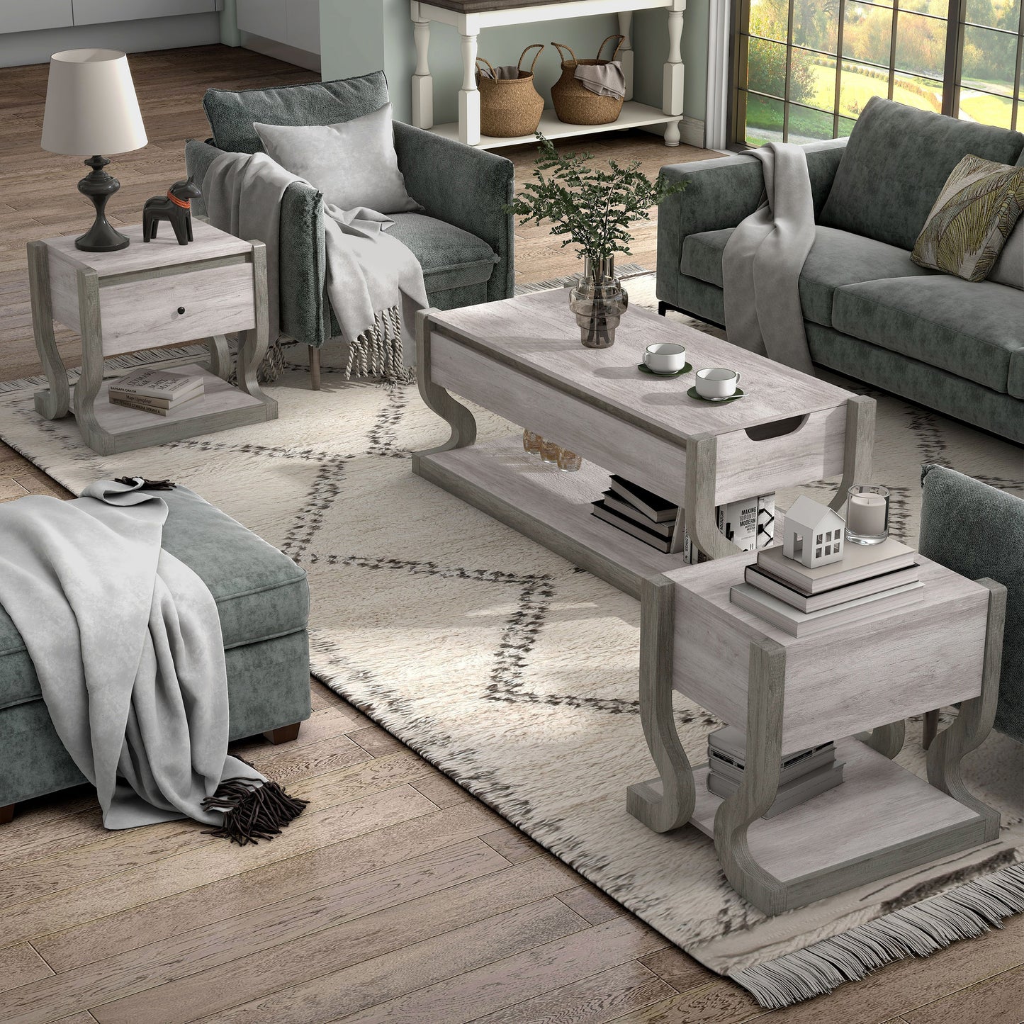 Left angled transitional three-piece coastal white coffee table set with storage in a living room with accessories