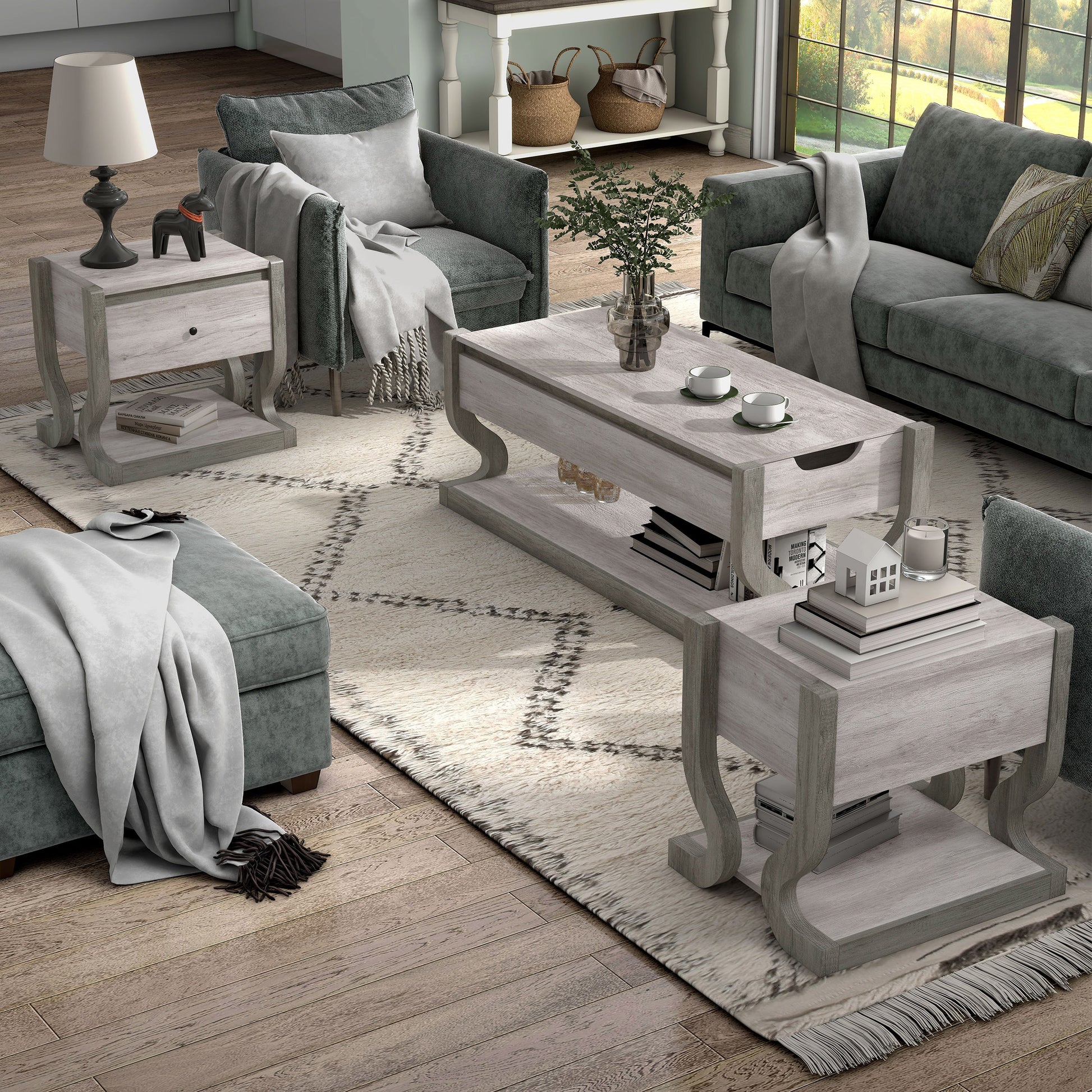 Left angled transitional three-piece coastal white coffee table set with storage in a living room with accessories