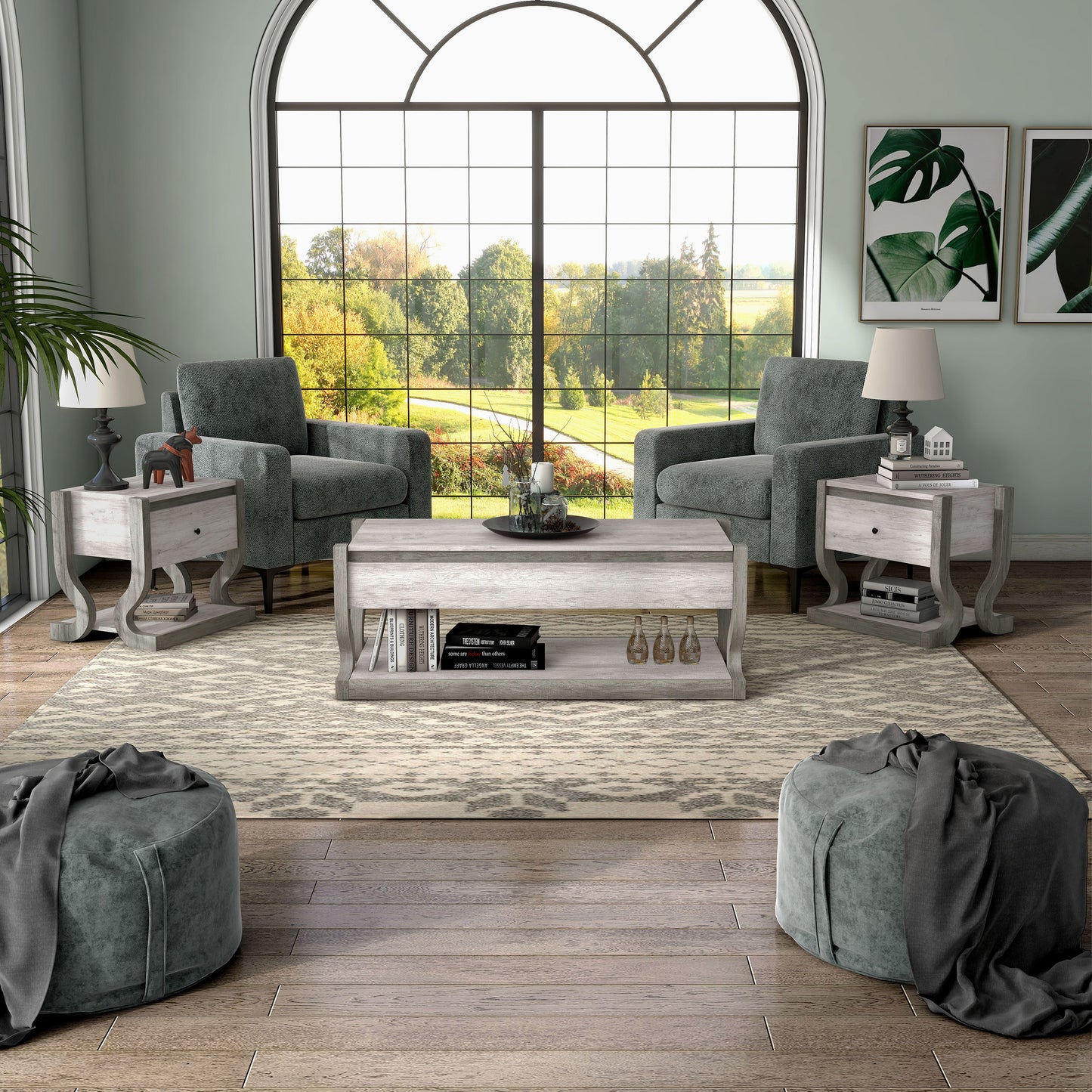 Front-facing transitional three-piece coastal white coffee table set with storage in a living room with accessories