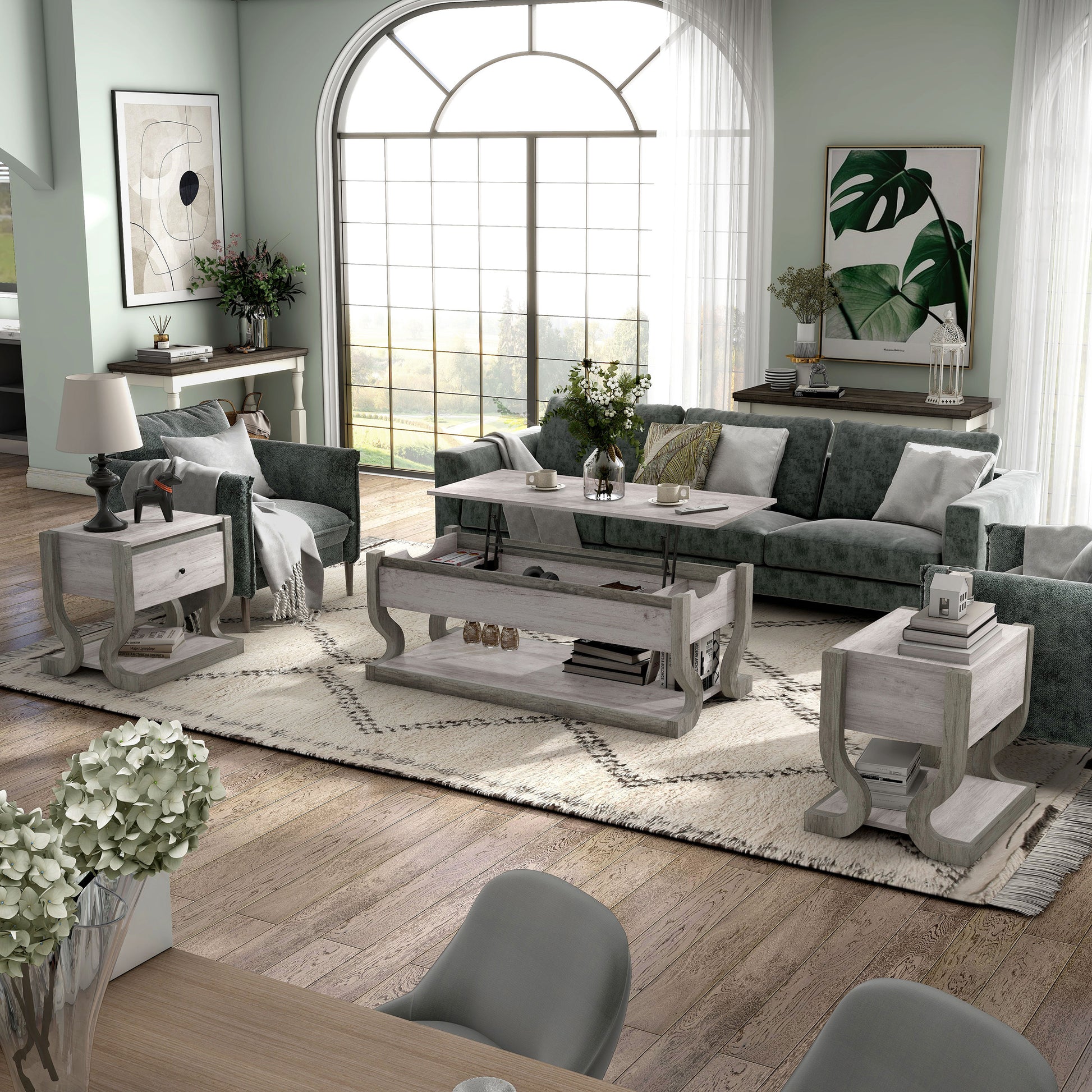 Left angled transitional three-piece coastal white coffee table set with storage shown with lift-top coffee table raised in a living room with accessories