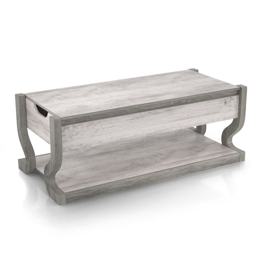Right angled transitional coastal white lift-top coffee table with storage on a white background