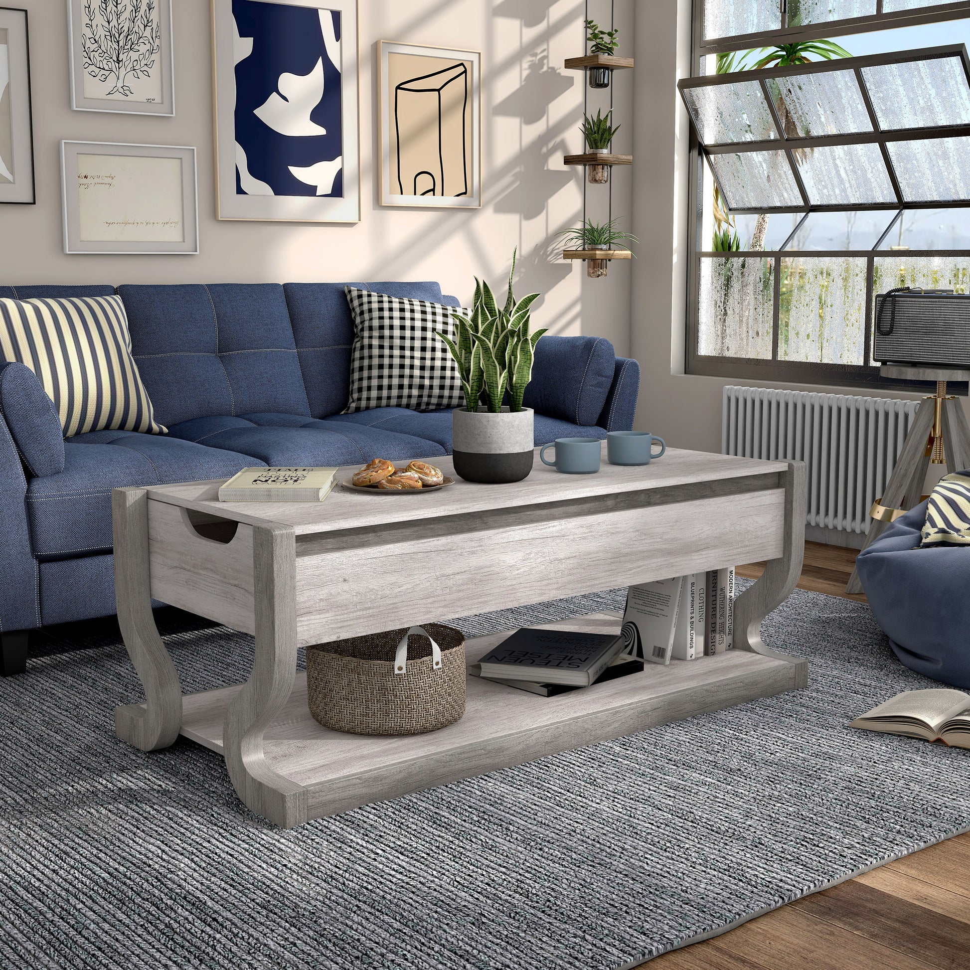 Right angled transitional coastal white lift-top coffee table with storage in a living room with accessories