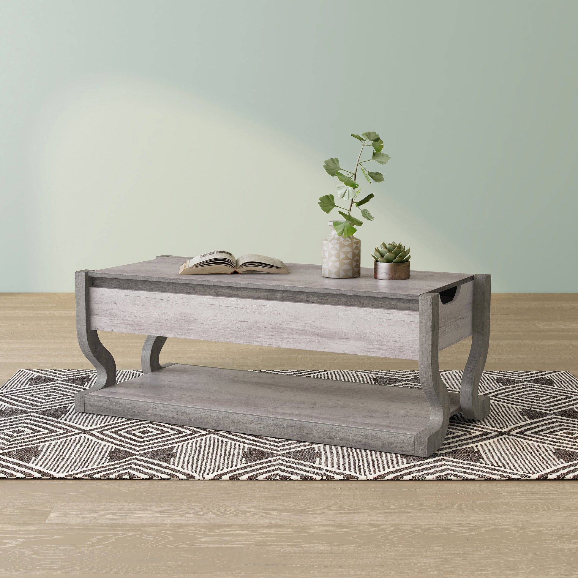 Left angled transitional coastal white lift-top coffee table with storage on an area rug with accessories
