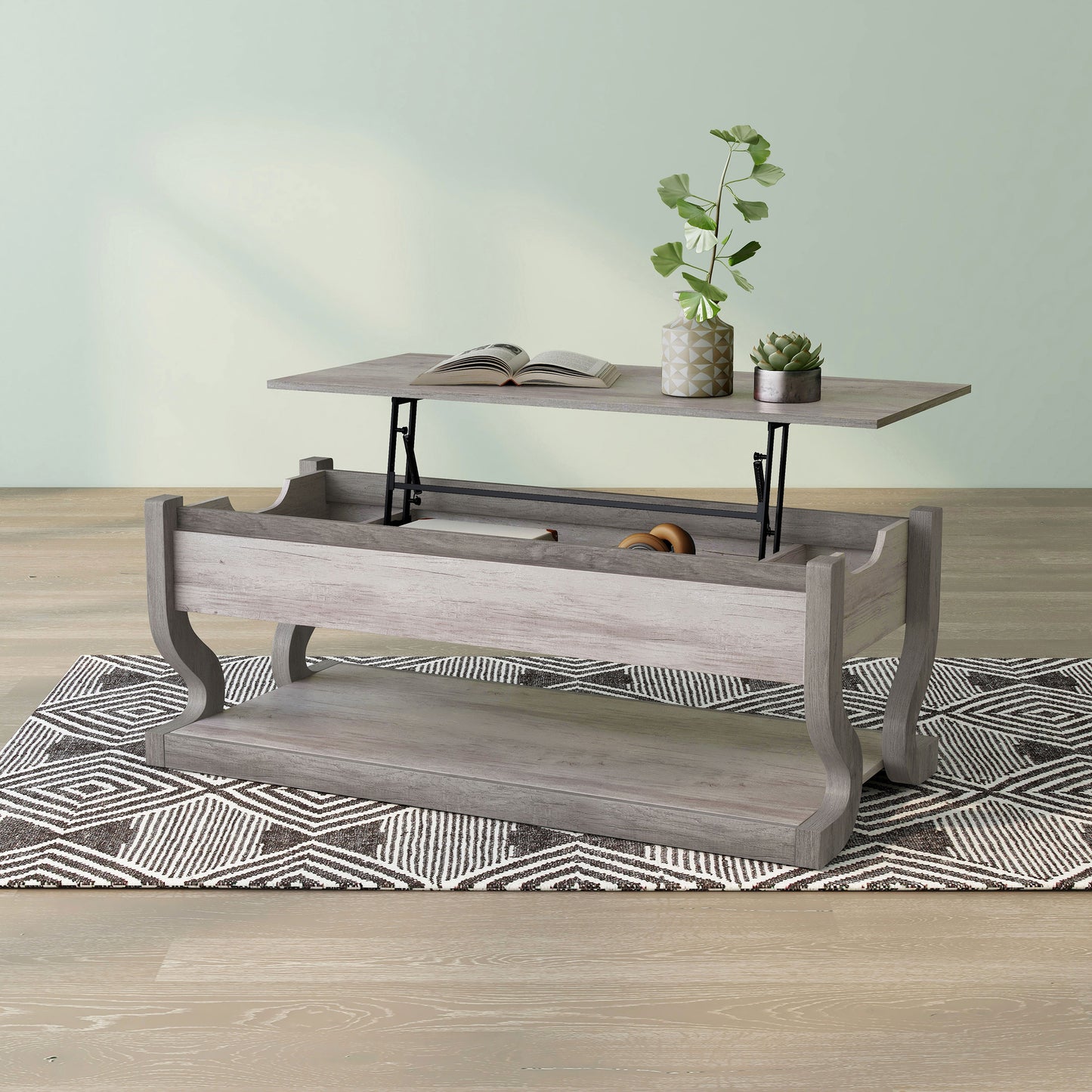Left angled transitional coastal white lift-top coffee table with storage and top raised on an area rug with accessories