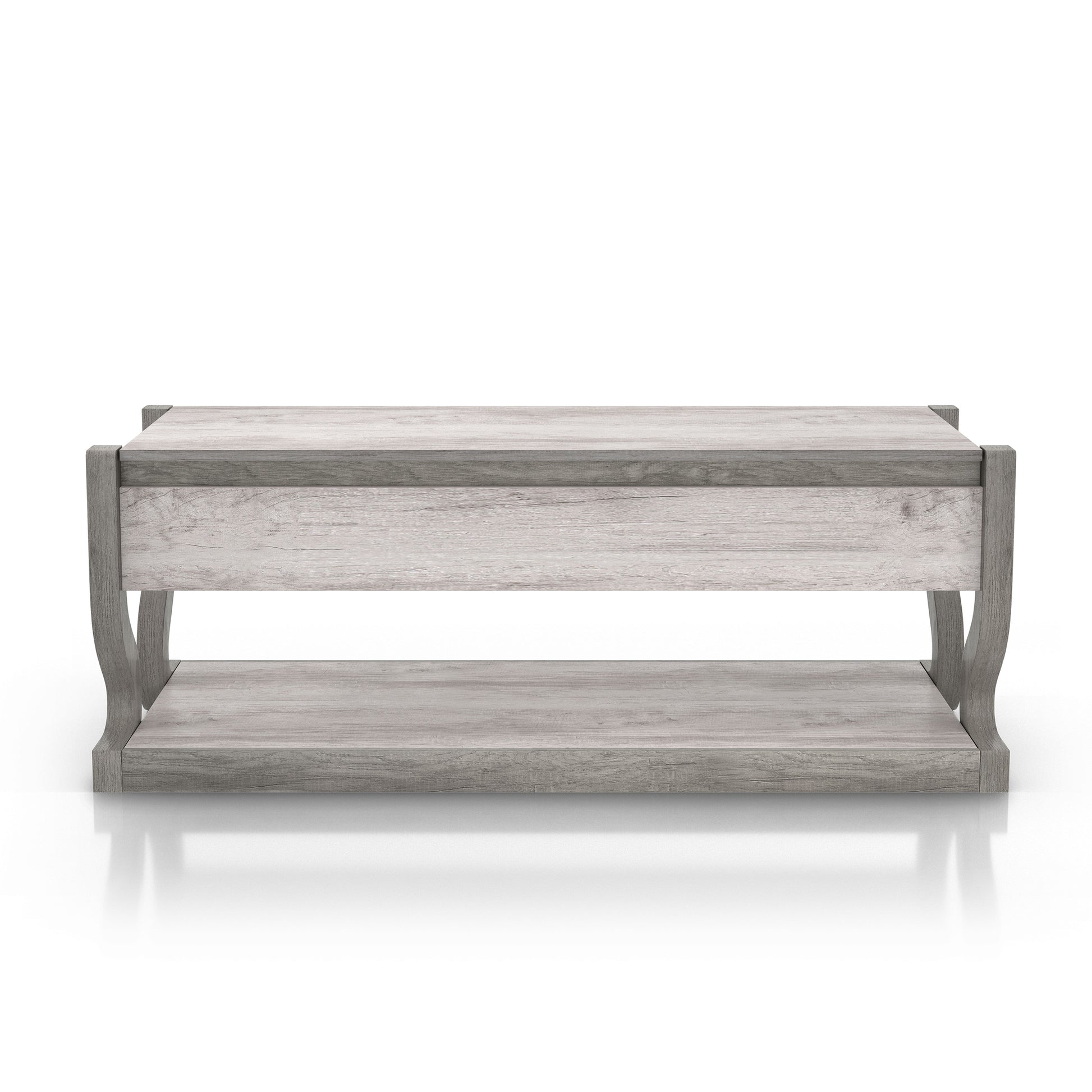 Front-facing transitional coastal white lift-top coffee table with storage on a white background