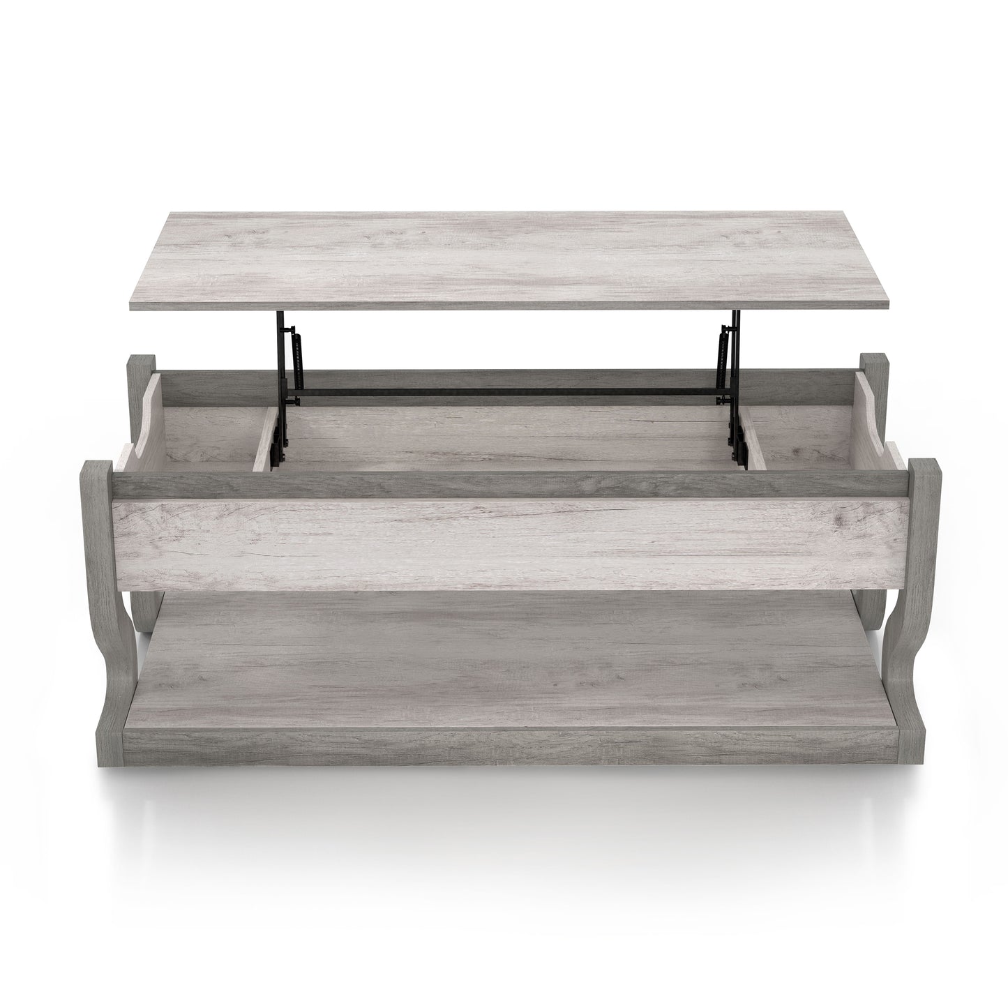 Front-facing transitional coastal white lift-top coffee table with storage and top raised on a white background