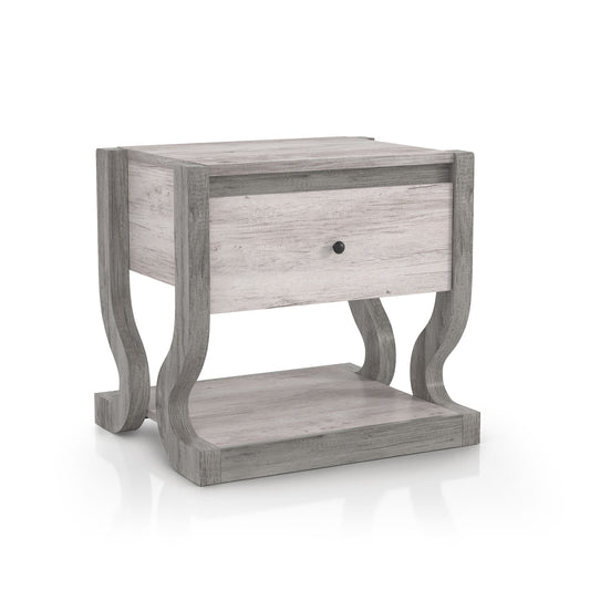 Right angled transitional coastal white one-drawer side table with a shelf on a white background