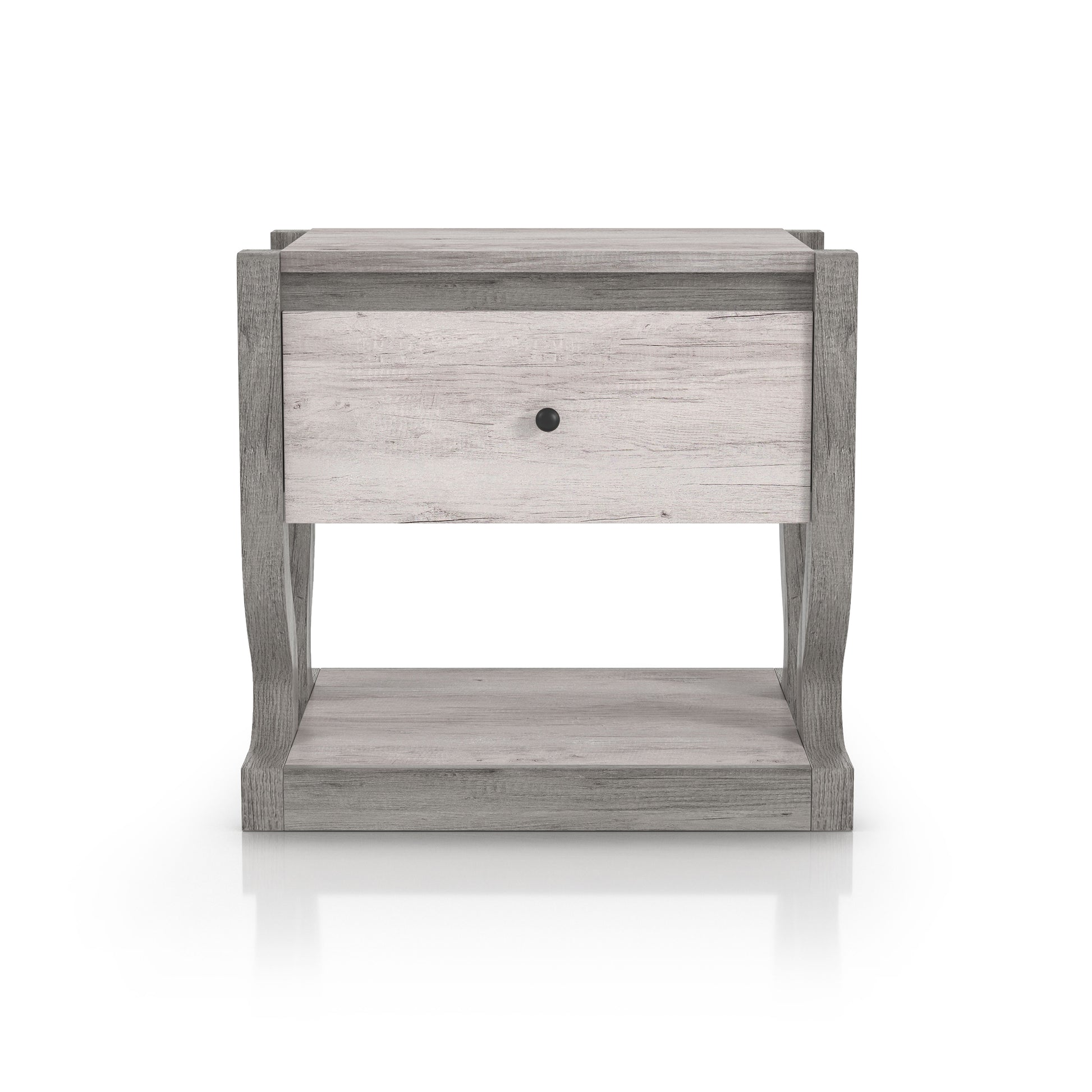 Front-facing transitional coastal white one-drawer side table with a shelf on a white background