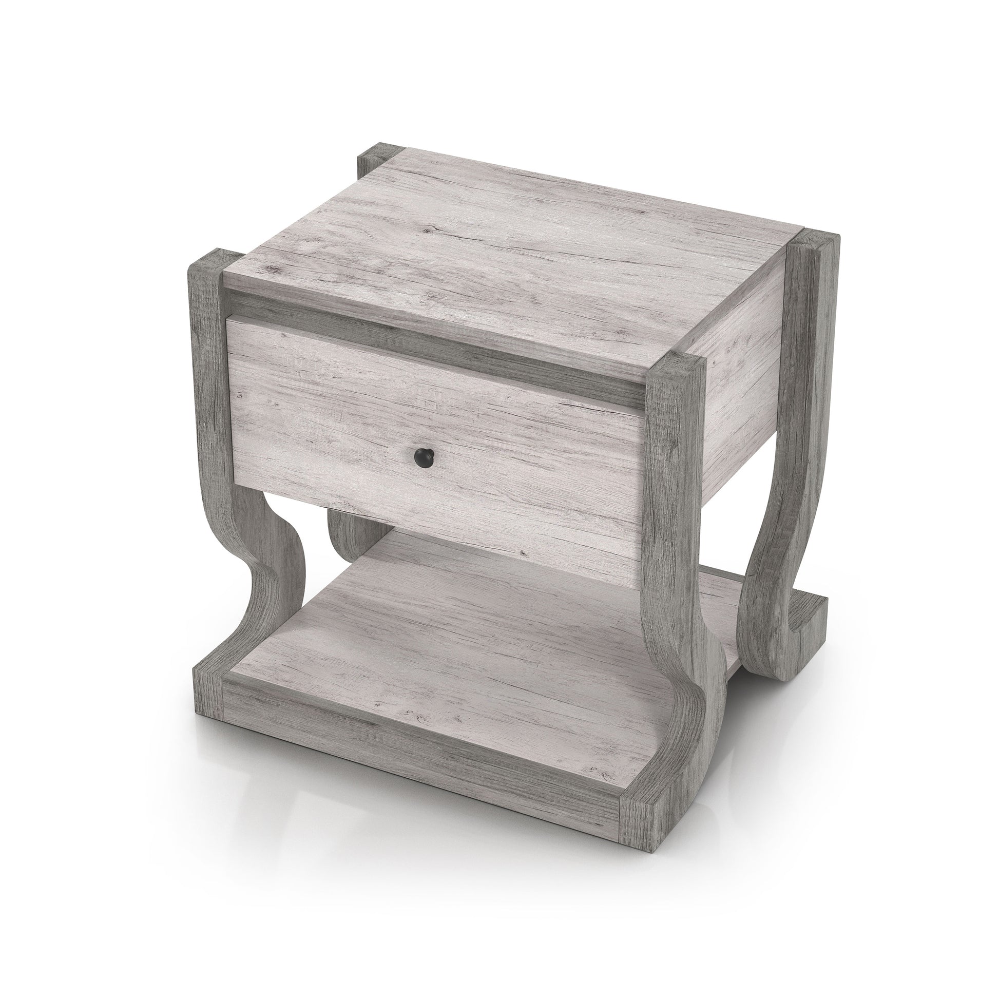 Left angled transitional coastal white one-drawer side table with a shelf on a white background