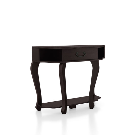 Right angled transitional espresso one-drawer curvy storage console table on a white background