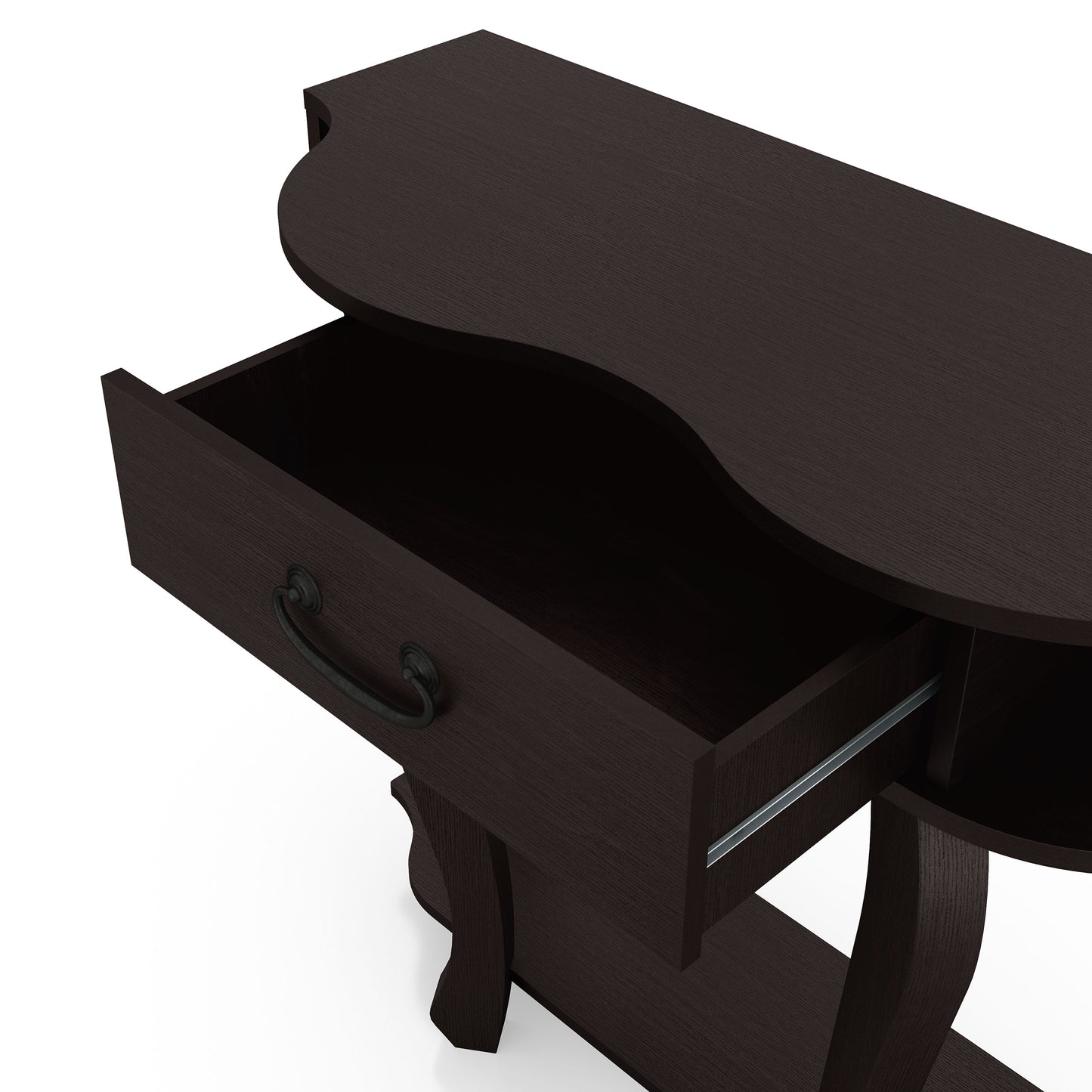 Left angled upper view of a transitional espresso one-drawer curvy storage console table with drawer open on a white background