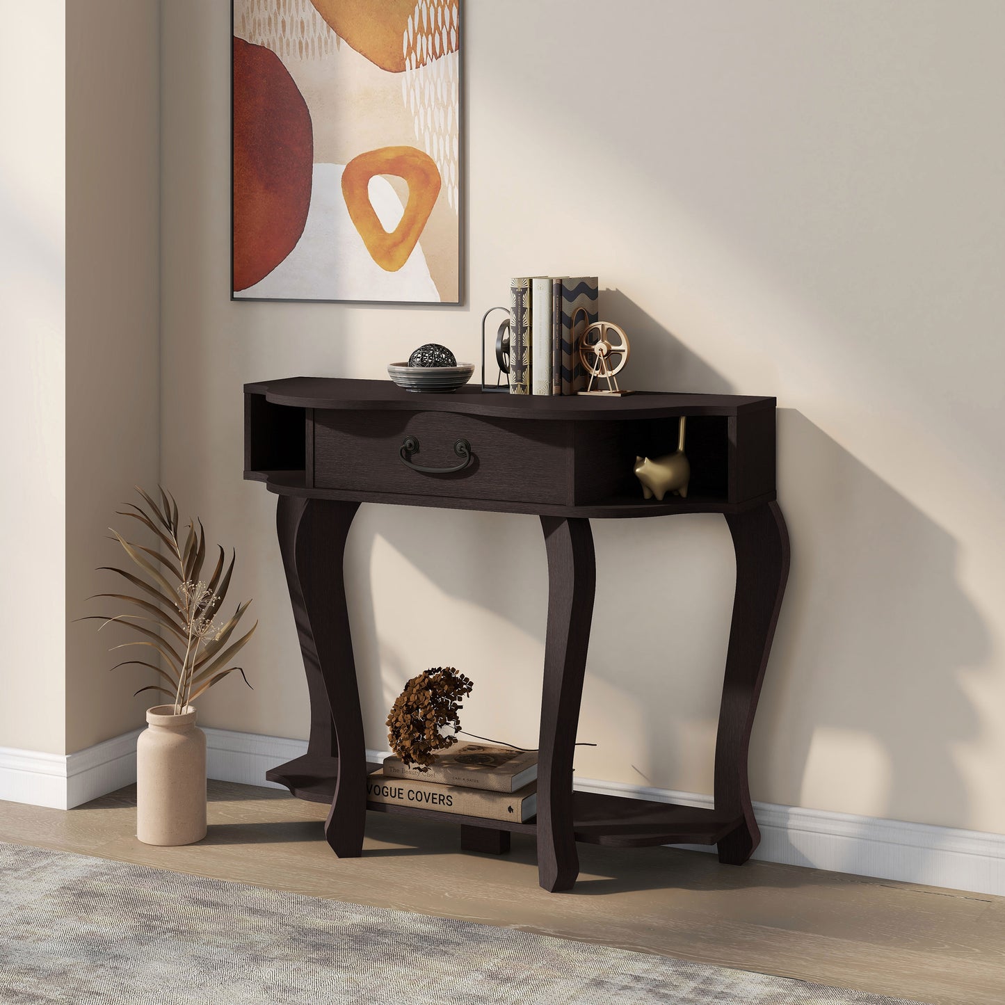 Left angled transitional espresso one-drawer curvy storage console table in a living area with accessories