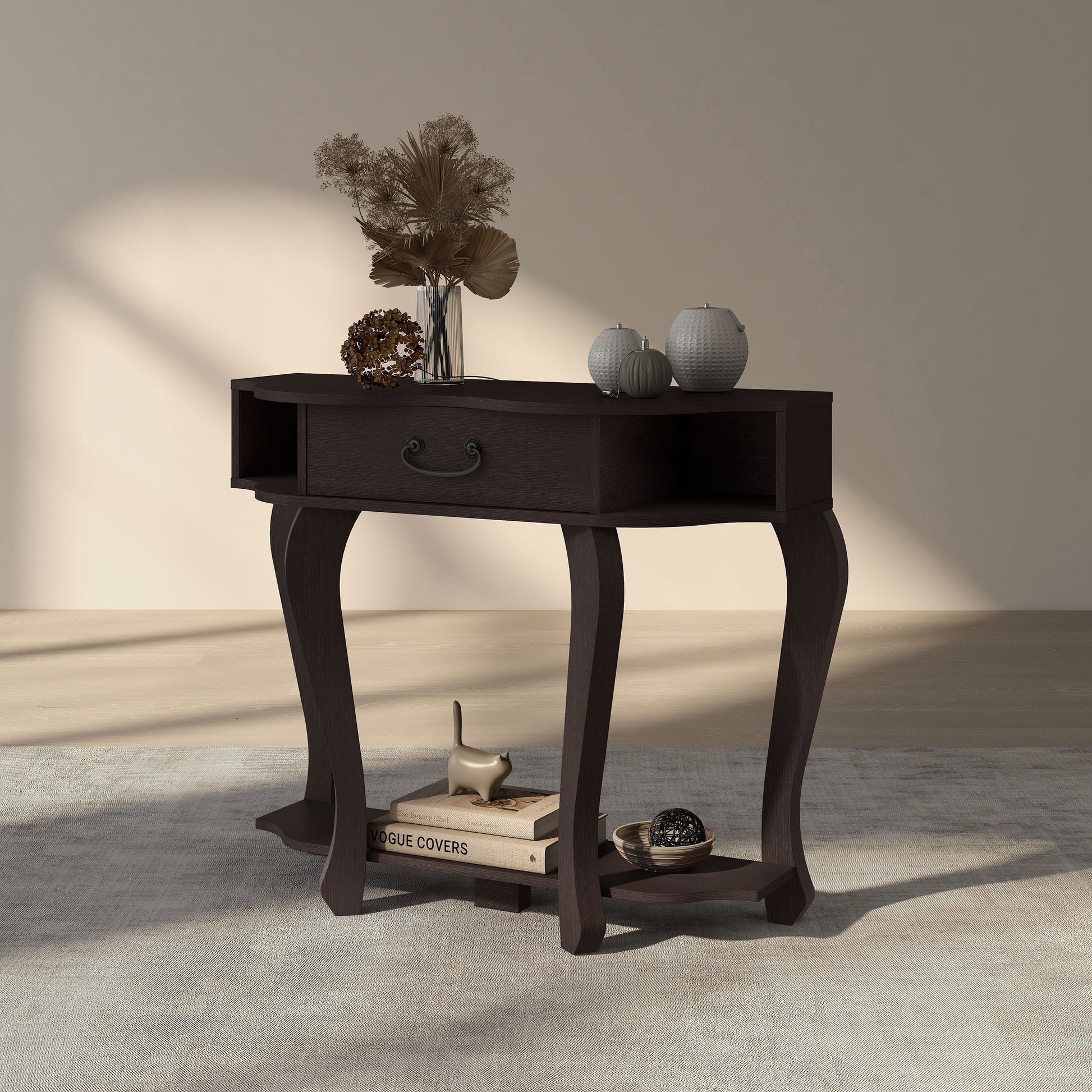 Left angled transitional espresso one-drawer curvy storage console table on an area rug with accessories