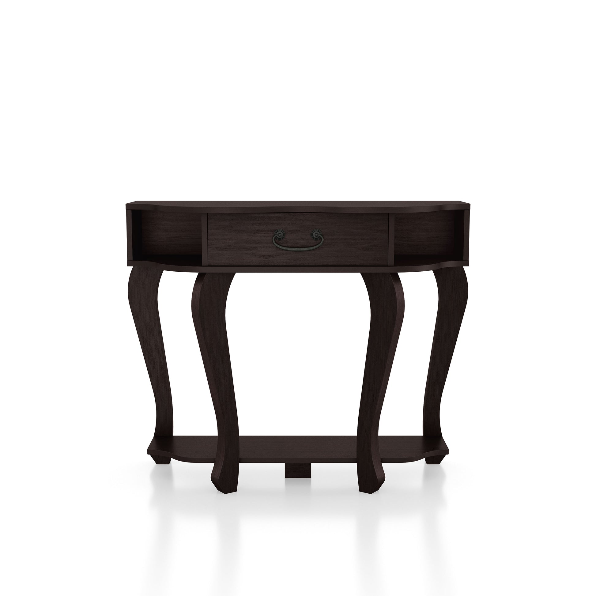 Front-facing transitional espresso one-drawer curvy storage console table on a white background