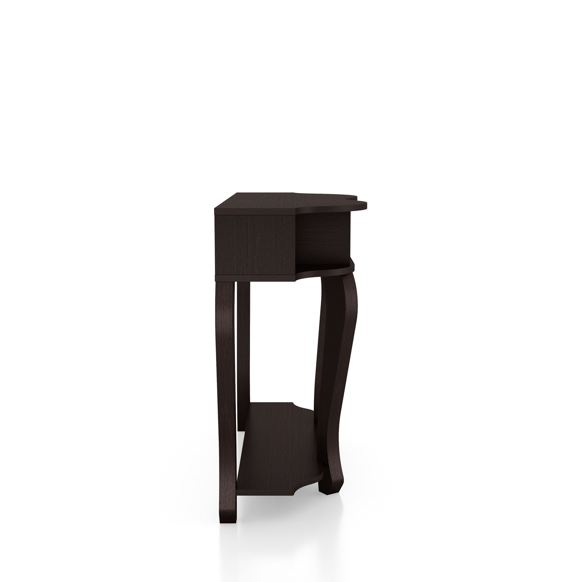 Front-facing side view of a transitional espresso one-drawer curvy storage console table on a white background