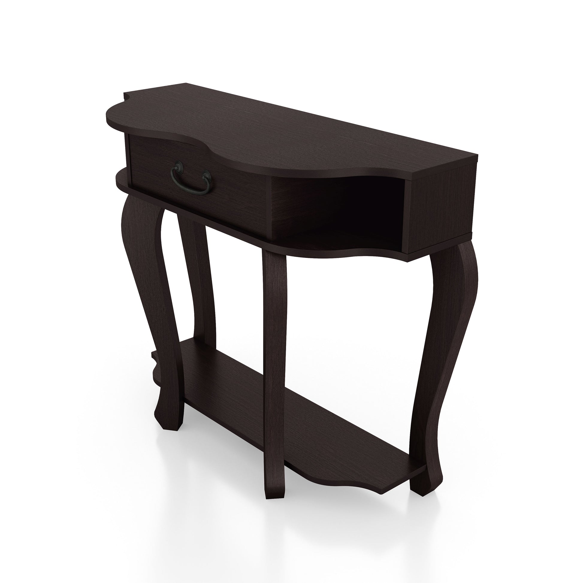 Left angled transitional espresso one-drawer curvy storage console table on a white background